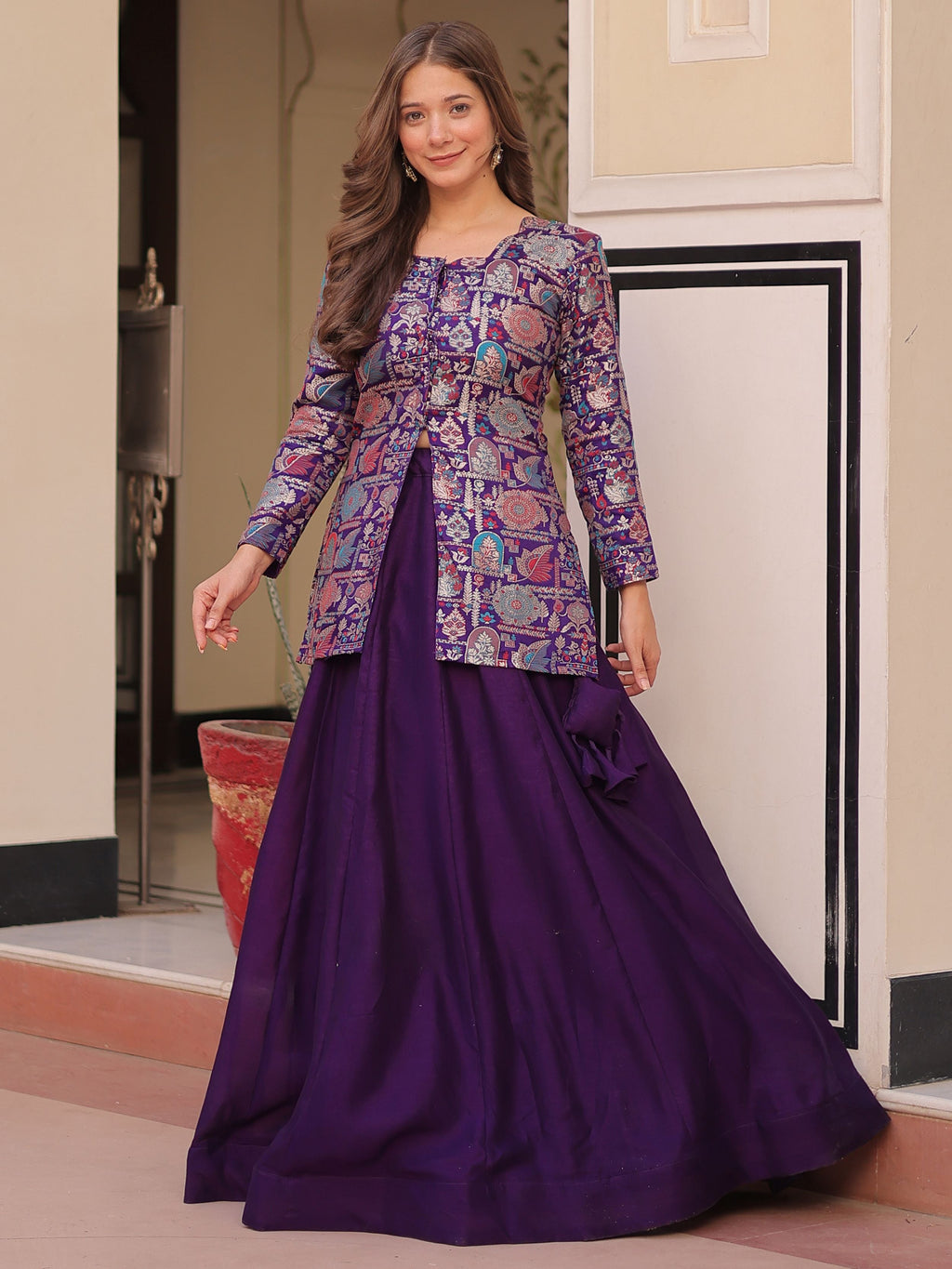 Purple Vichitra Silk Kali Pattern Lehenga with  Jacquard Jacket