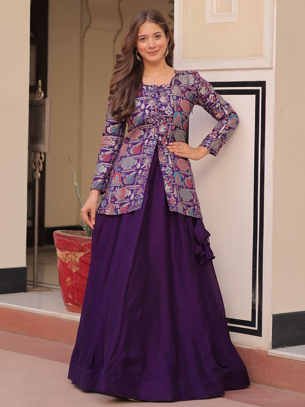 Purple Vichitra Silk Kali Pattern Lehenga with  Jacquard Jacket
