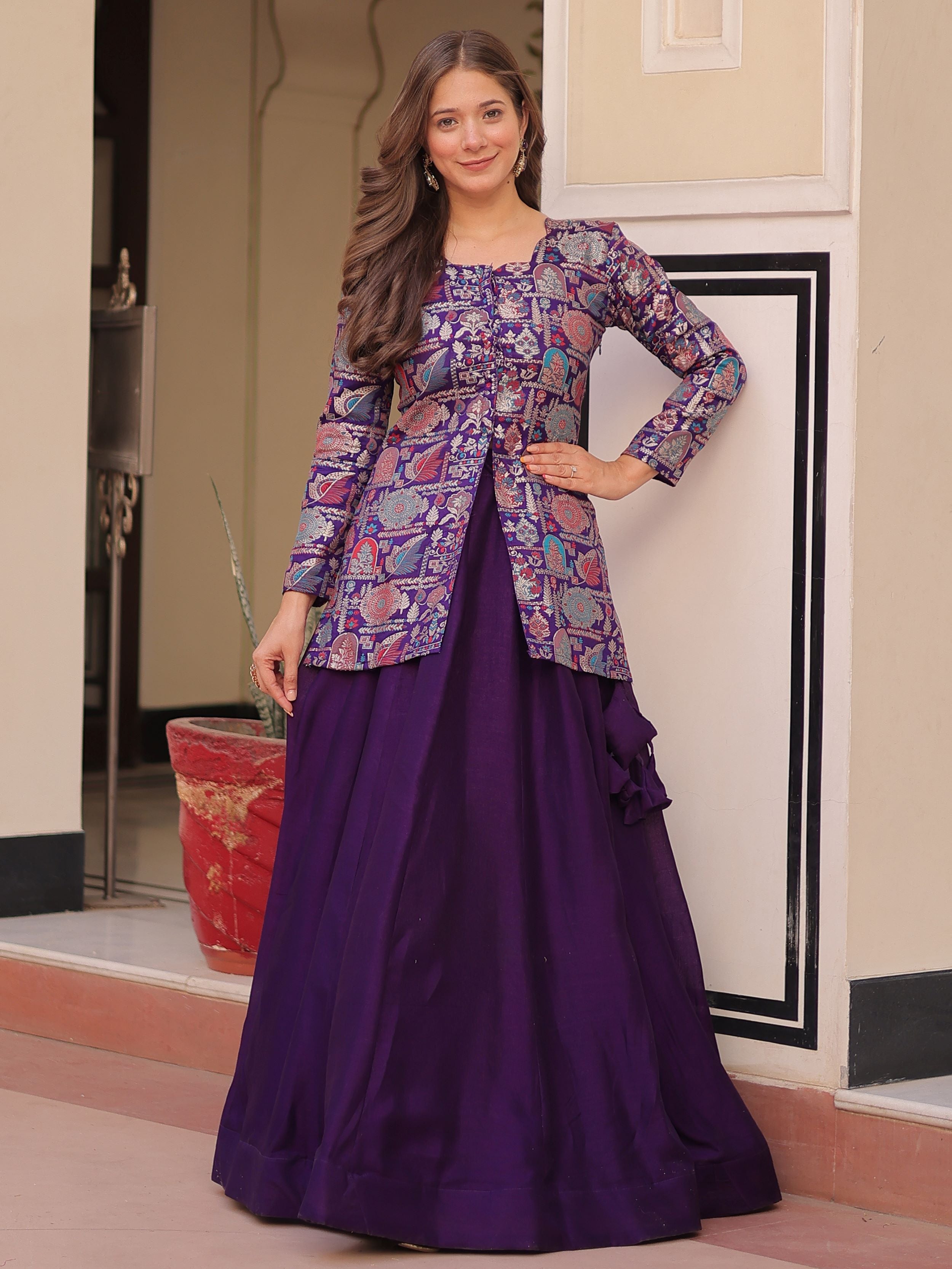 Purple Vichitra Silk Kali Pattern Lehenga with  Jacquard Jacket