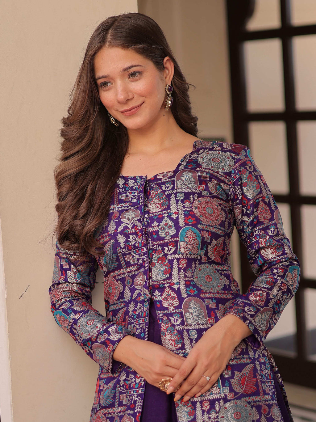 Purple Vichitra Silk Kali Pattern Lehenga with  Jacquard Jacket