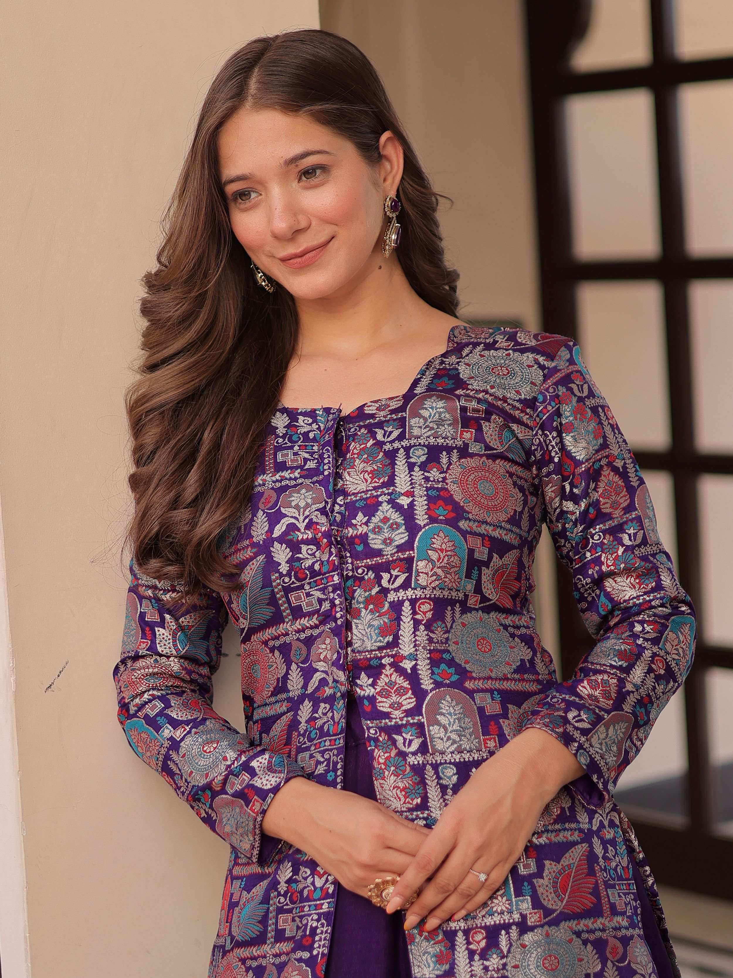 Purple Vichitra Silk Kali Pattern Lehenga with  Jacquard Jacket