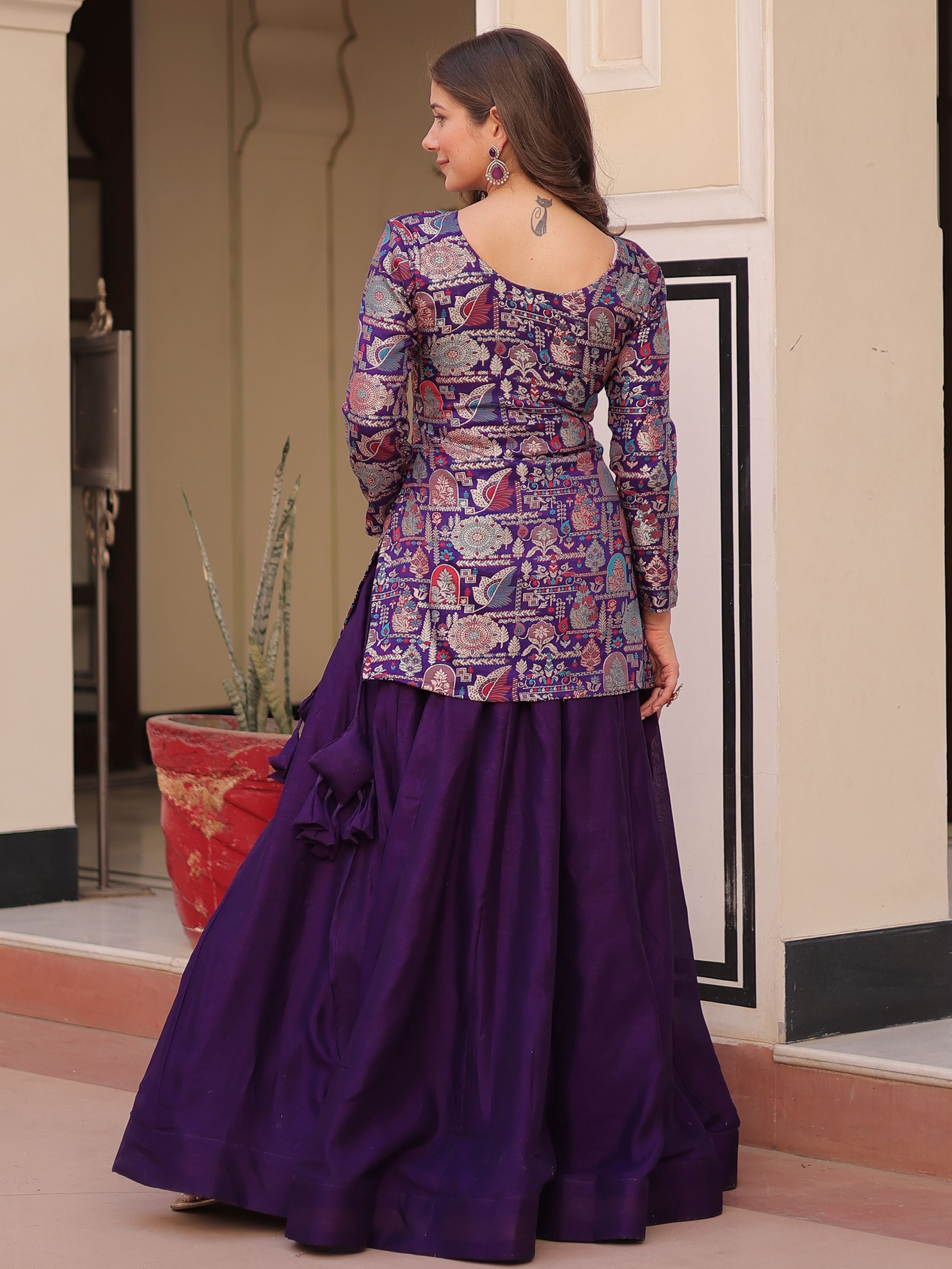 Purple Vichitra Silk Kali Pattern Lehenga with  Jacquard Jacket