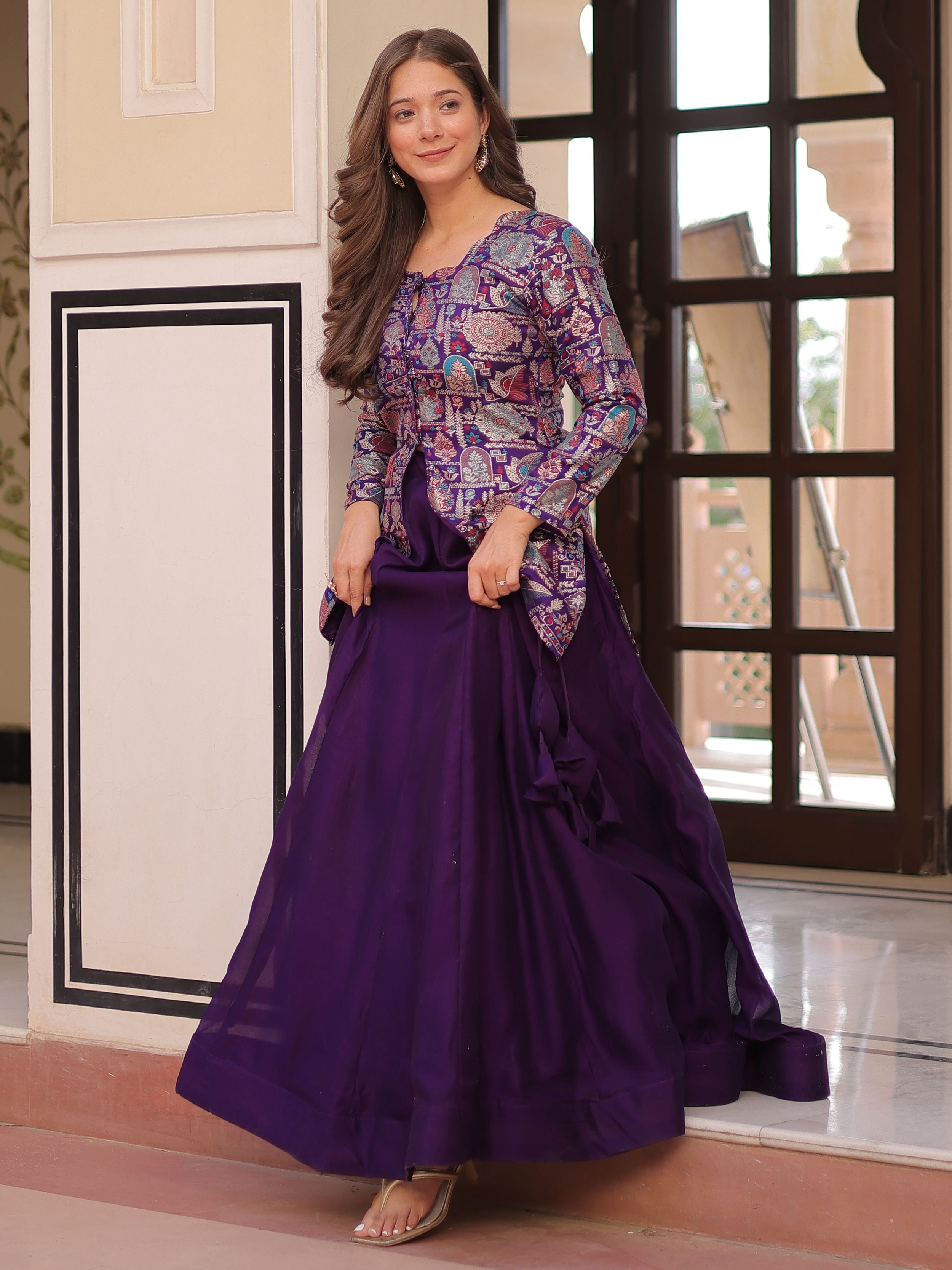 Purple Vichitra Silk Kali Pattern Lehenga with  Jacquard Jacket