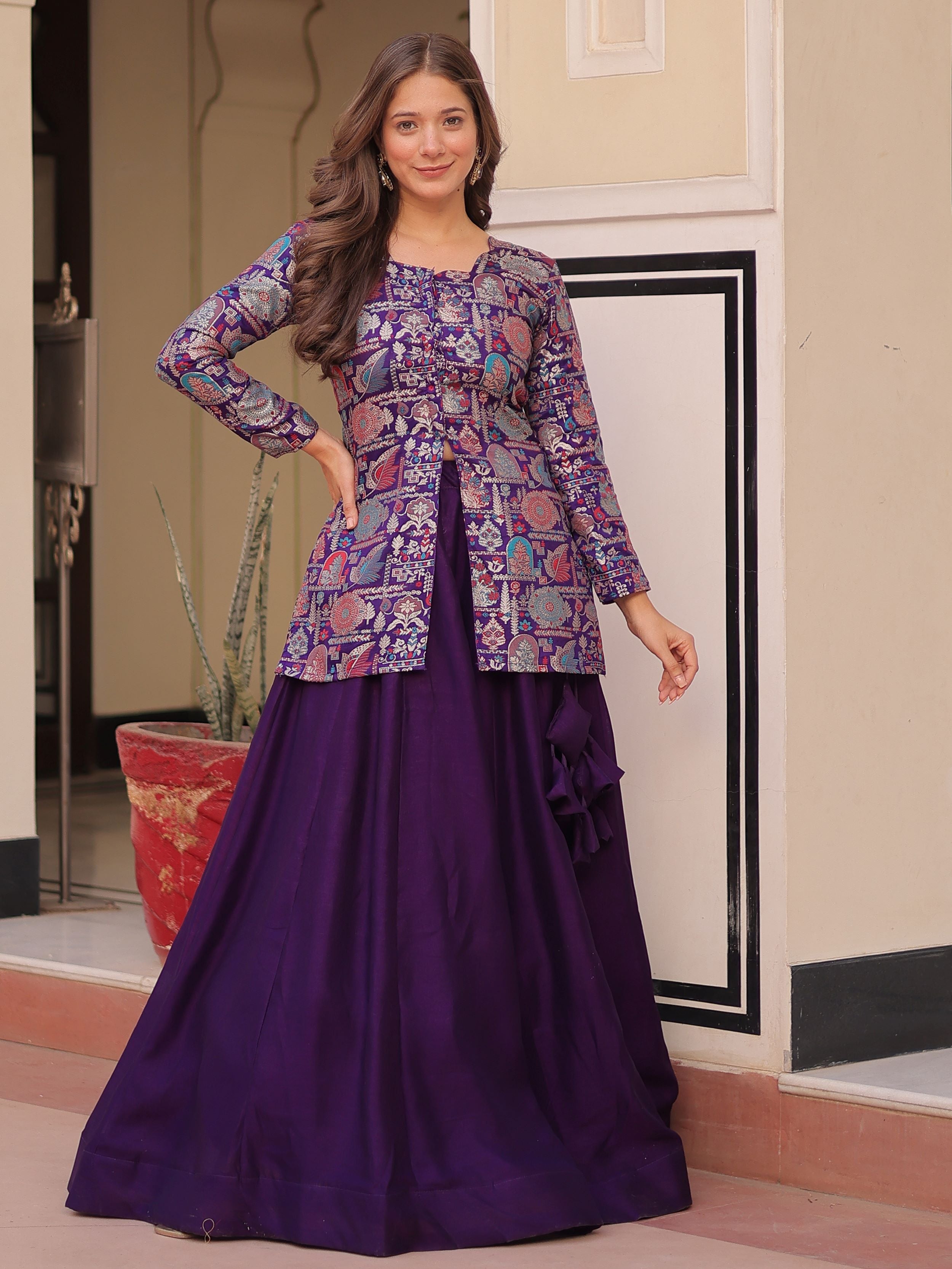Purple Vichitra Silk Kali Pattern Lehenga with  Jacquard Jacket