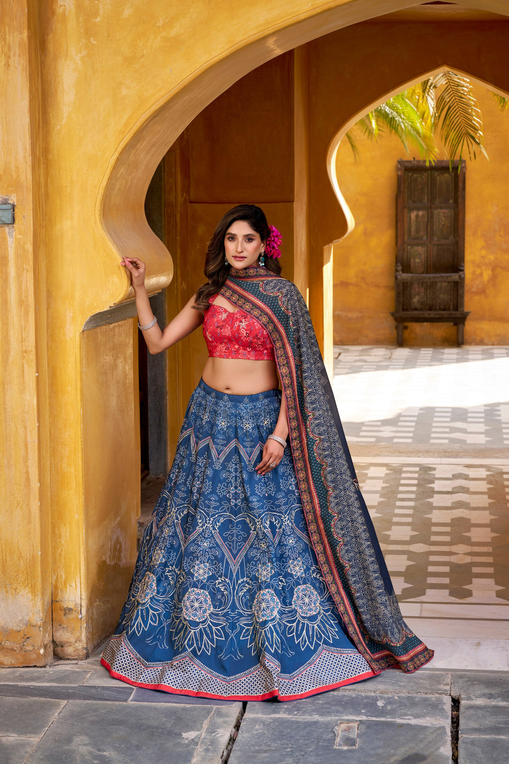 Rajeshwari Blue Vaishali Silk Printed with Beads Work Lehenga Choli Set