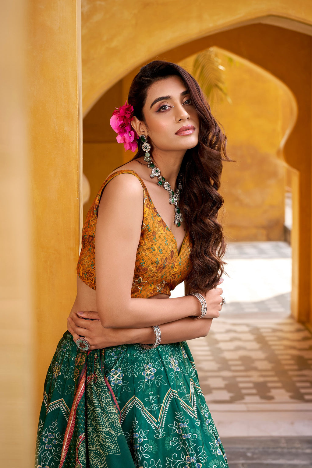 Rajeshwari green vaishali silk printed beads work lehenga choli set