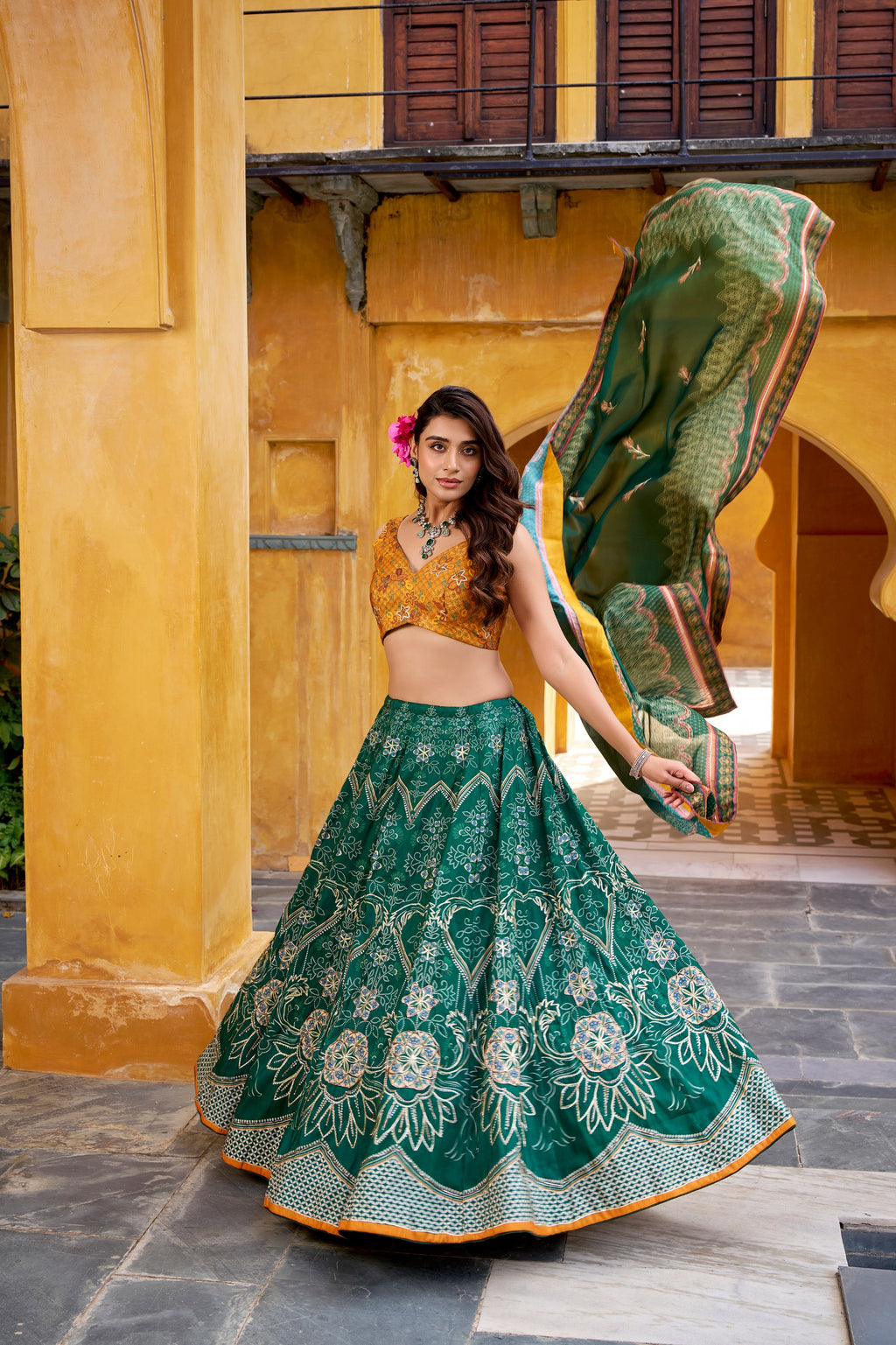 Rajeshwari green vaishali silk printed beads work lehenga choli set