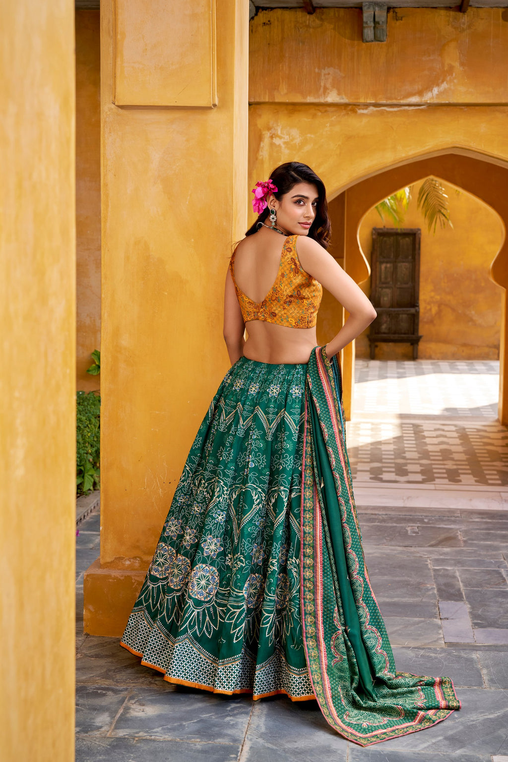 Rajeshwari green vaishali silk printed beads work lehenga choli set
