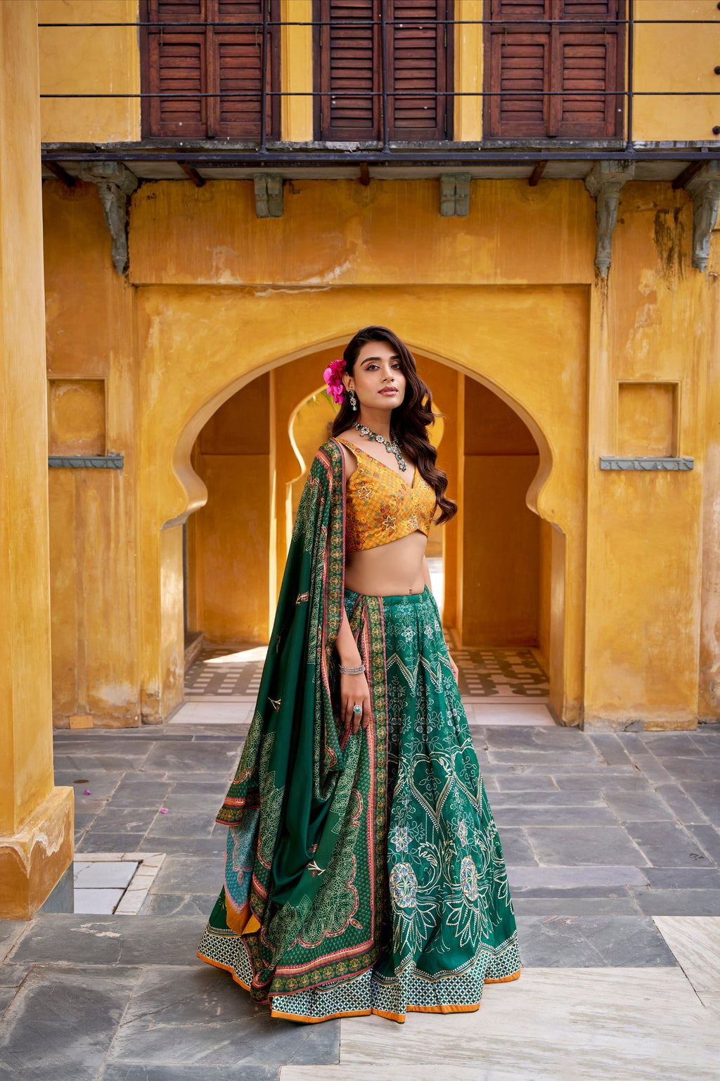 Rajeshwari green vaishali silk printed beads work lehenga choli set
