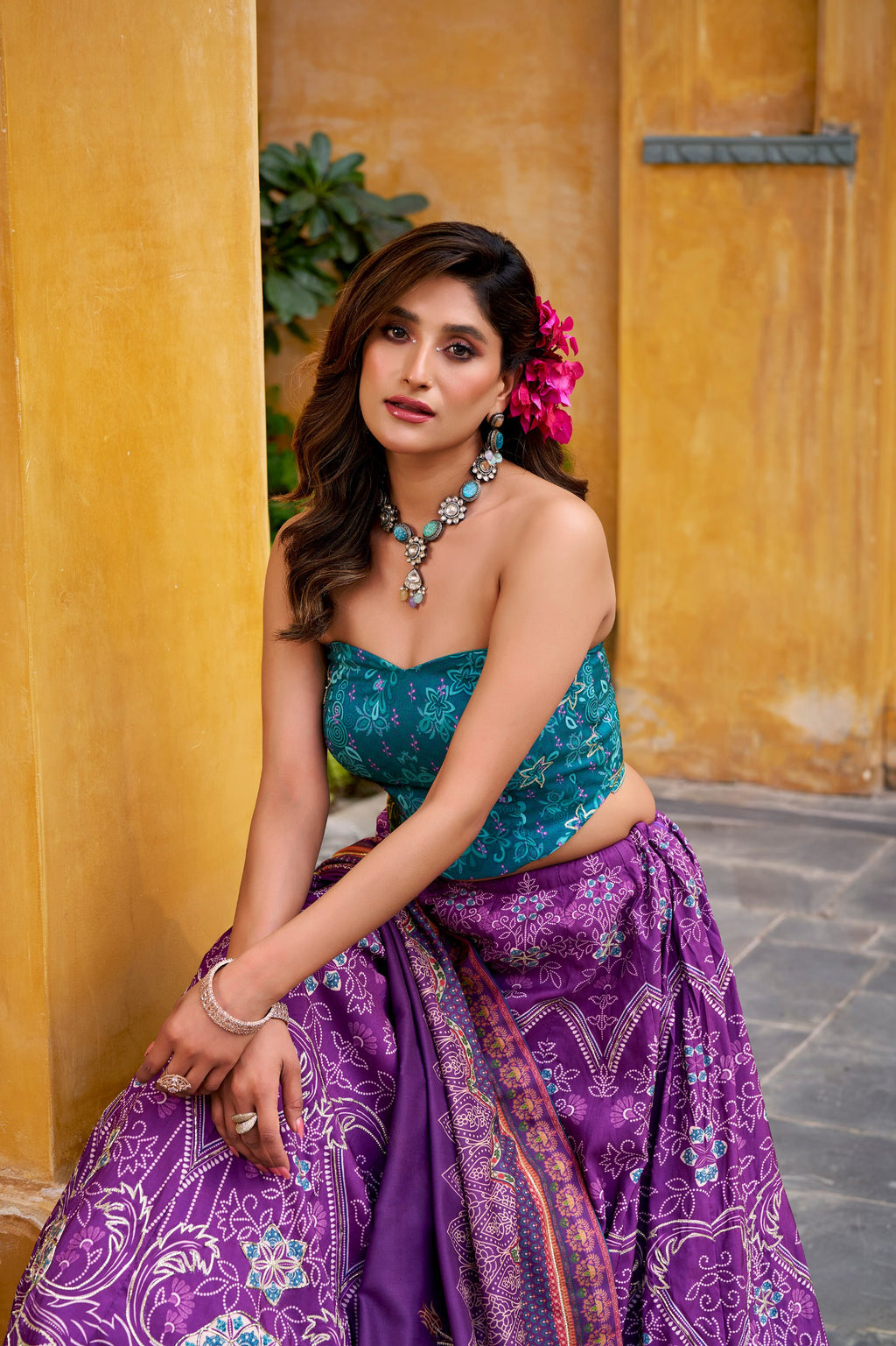 Rajeshwari purple vaishali silk printed beads work lehenga choli set
