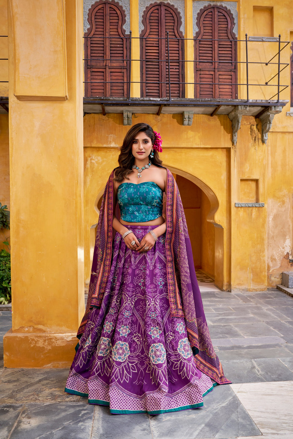 Rajeshwari purple vaishali silk printed beads work lehenga choli set