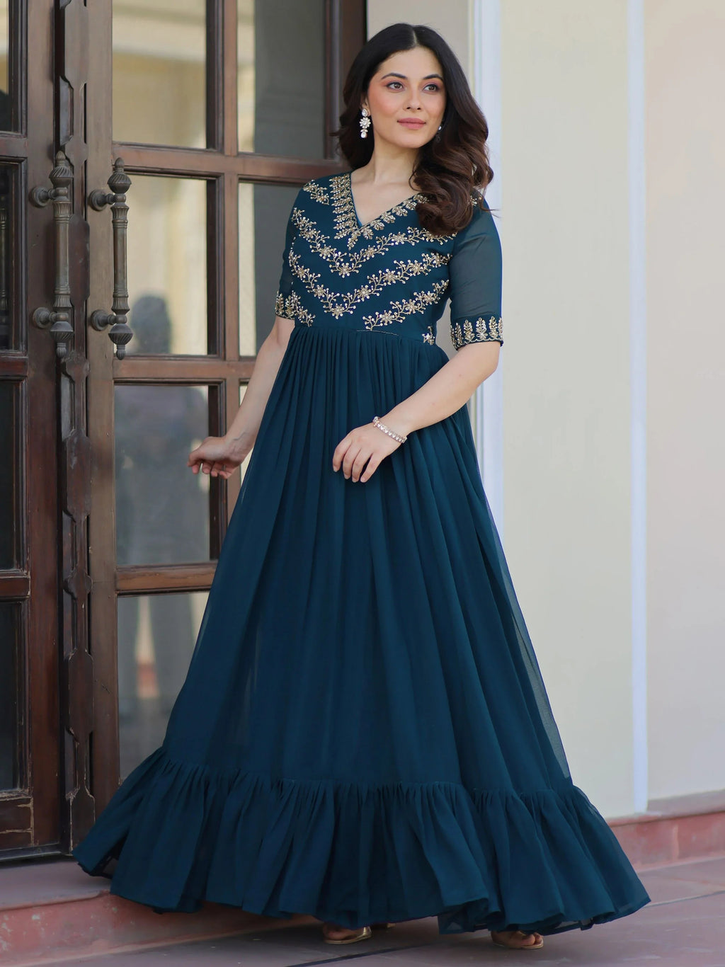 Rama Blue Sequins Multithread Beads Embroidery Designer Gown