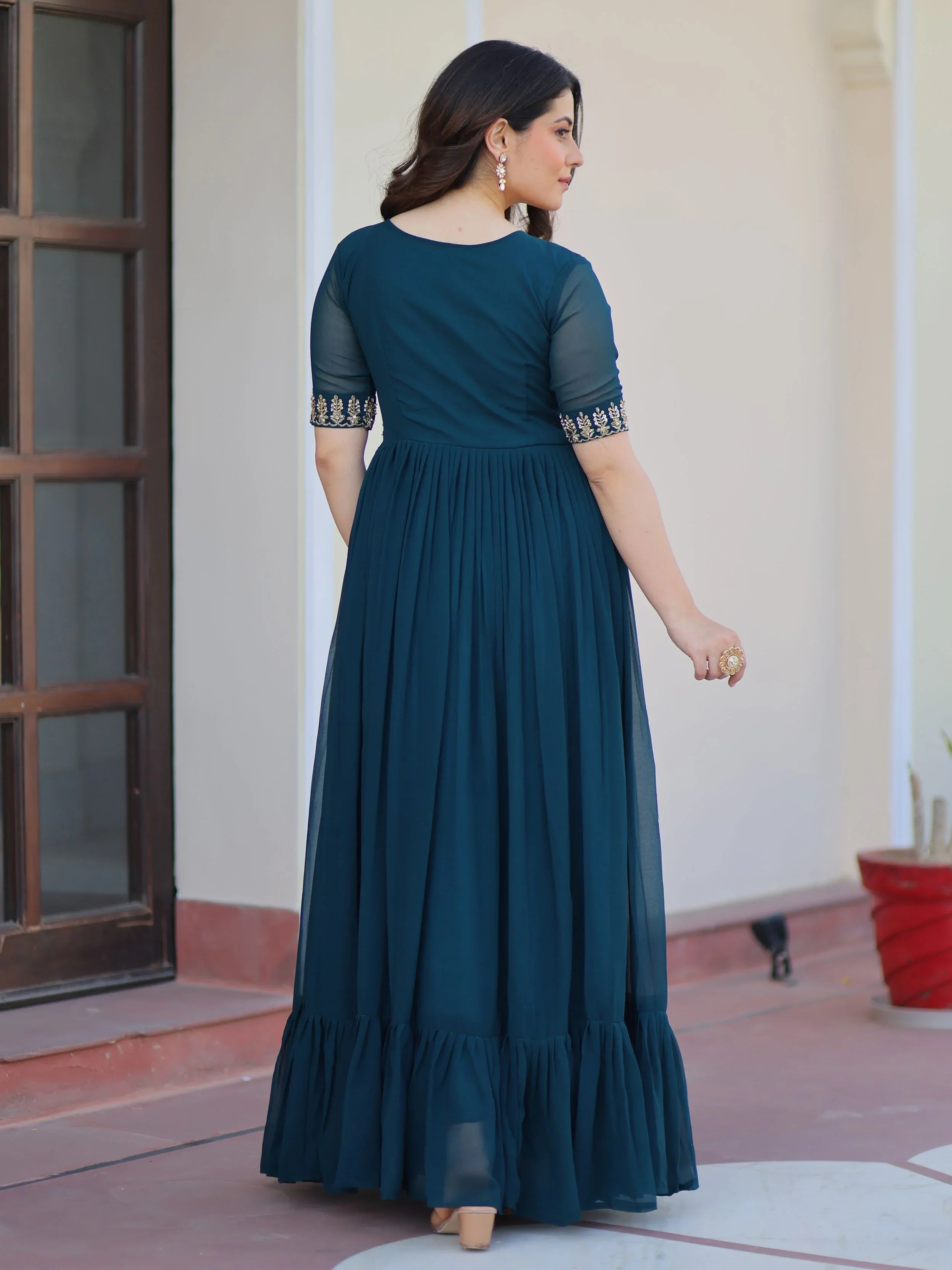 Rama Blue Sequins Multithread Beads Embroidery Designer Gown