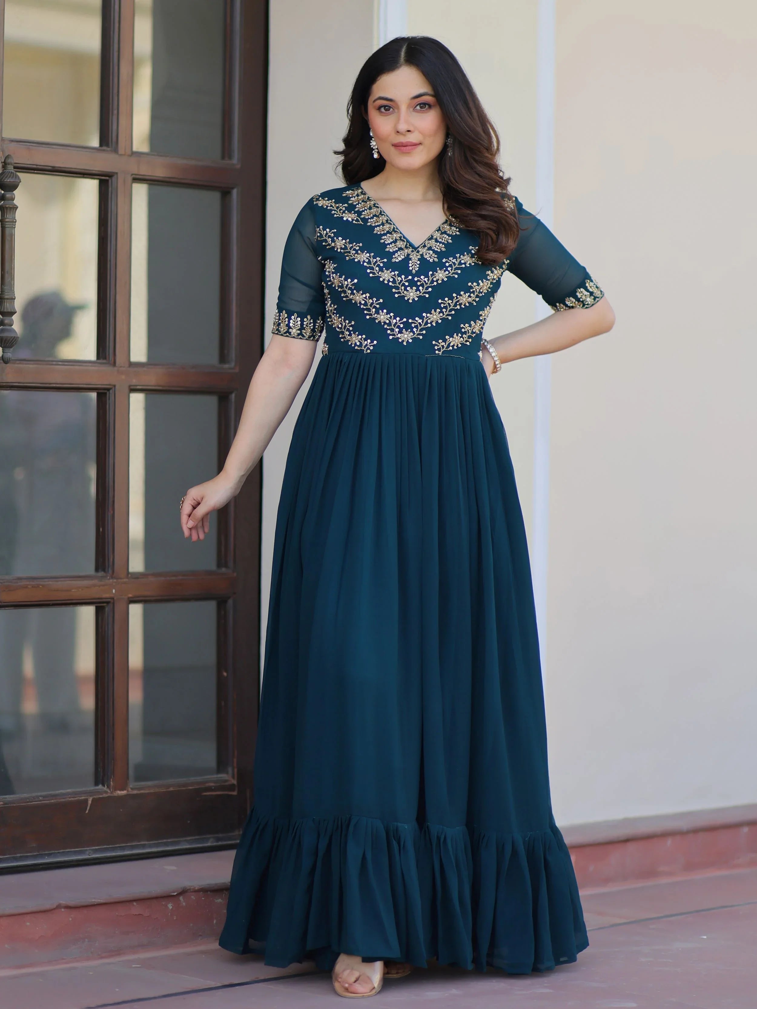 Rama Blue Sequins Multithread Beads Embroidery Designer Gown