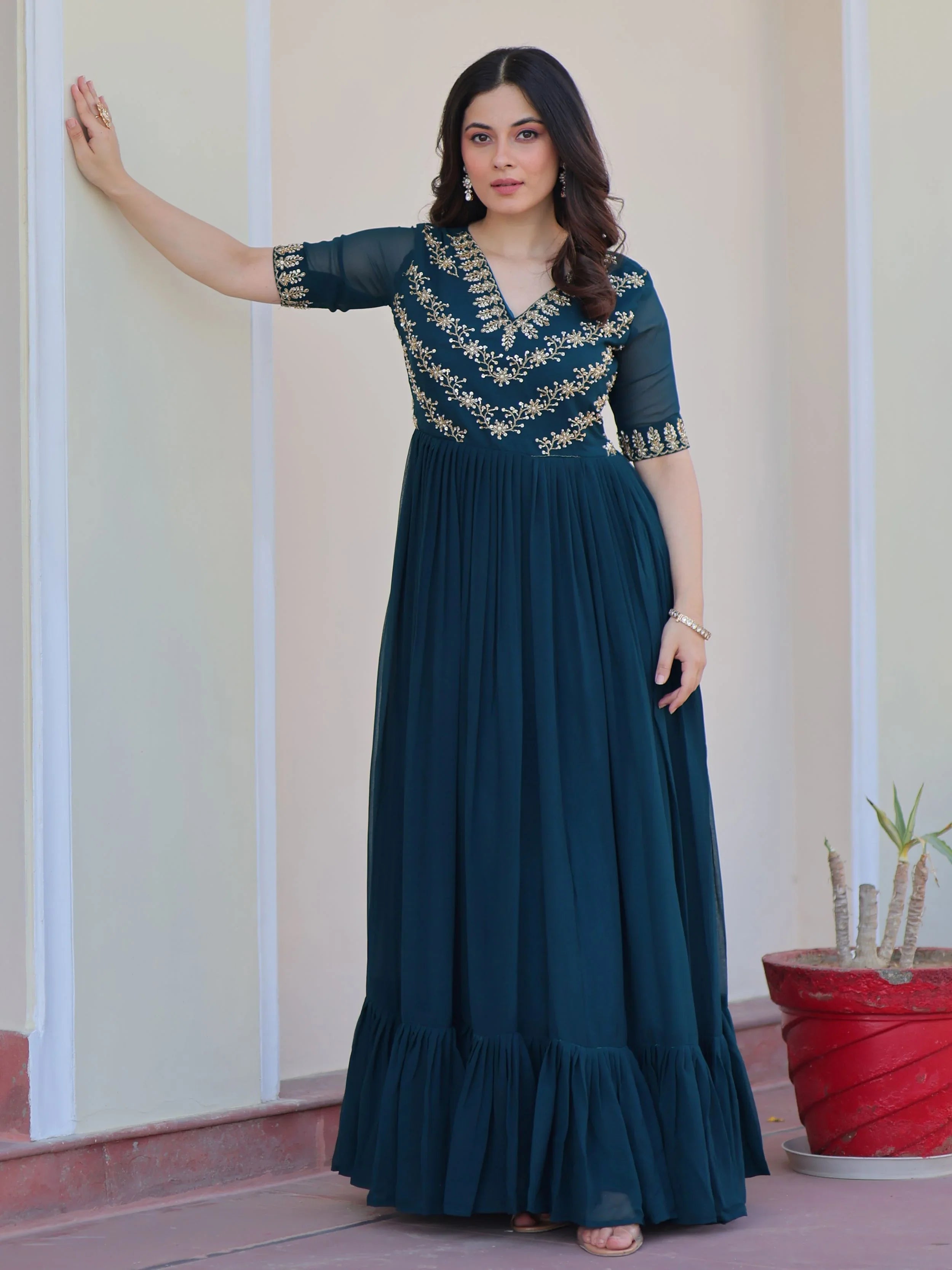 Rama Blue Sequins Multithread Beads Embroidery Designer Gown