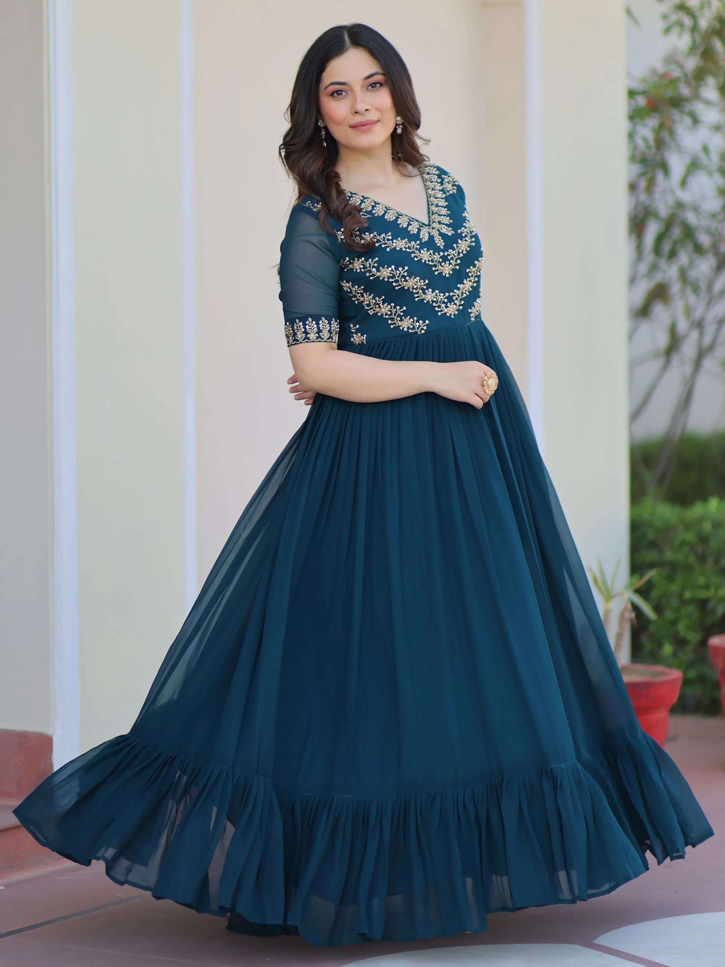 Rama Blue Sequins Multithread Beads Embroidery Designer Gown