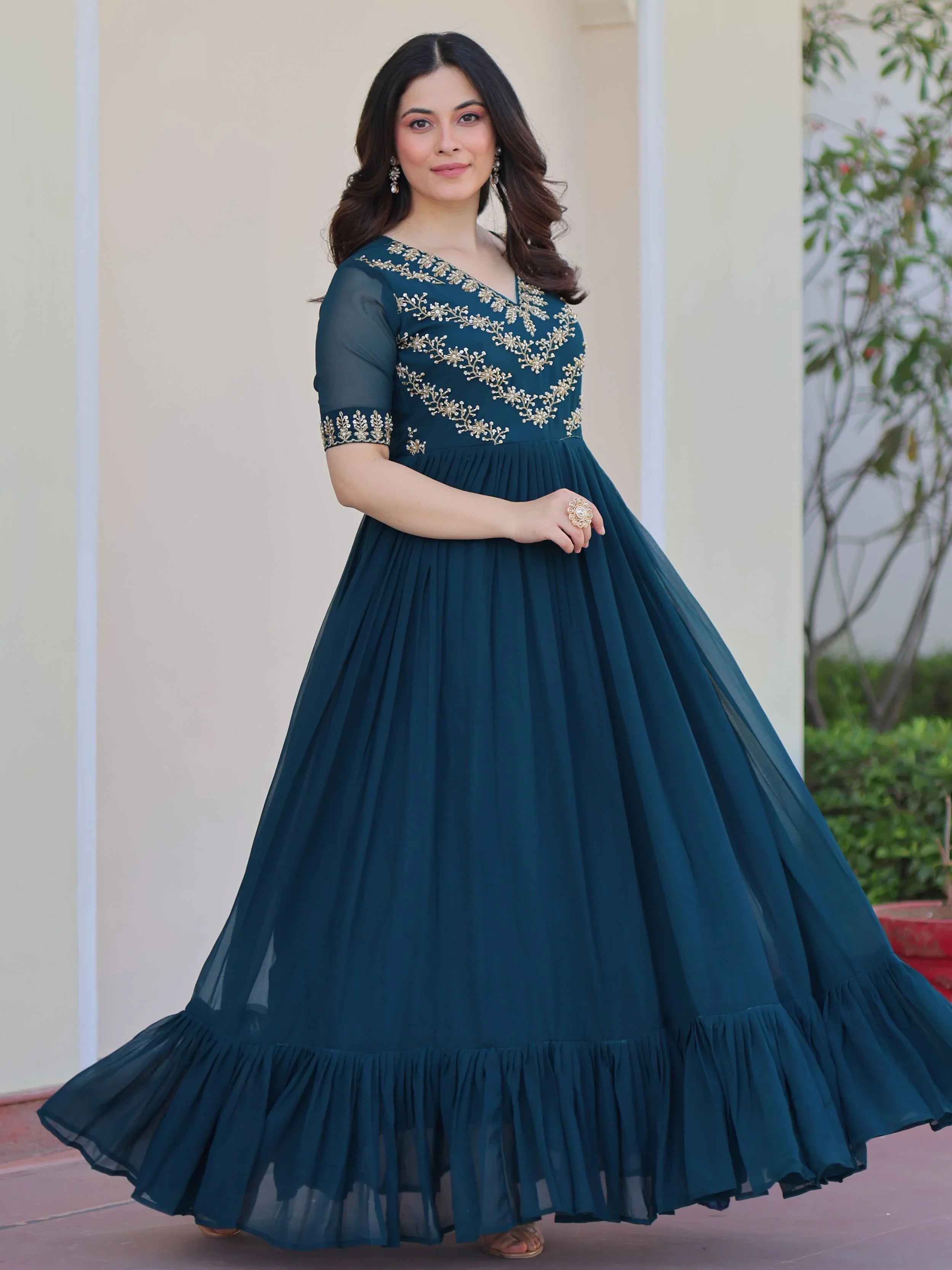 Rama Blue Sequins Multithread Beads Embroidery Designer Gown