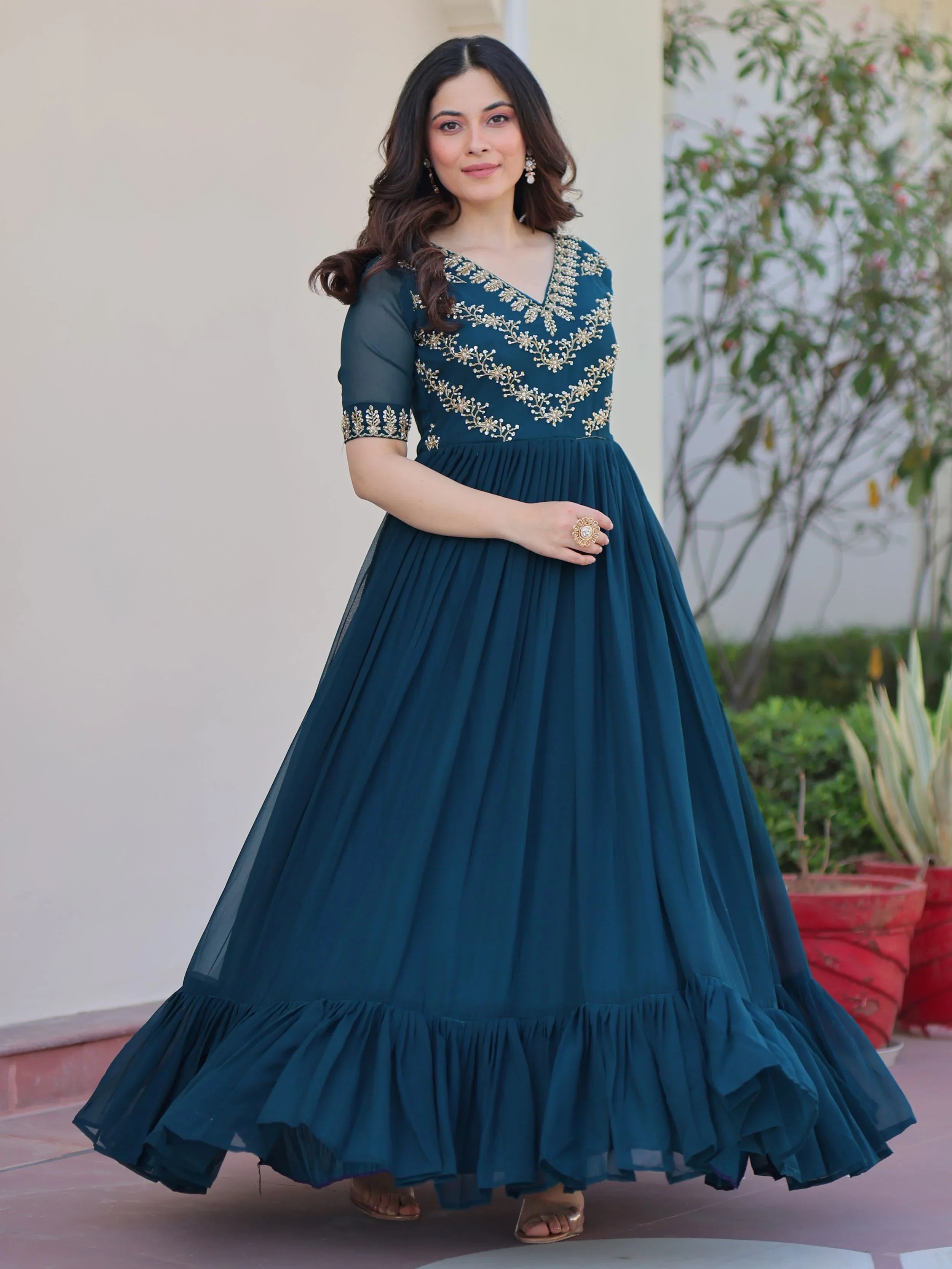 Rama Blue Sequins Multithread Beads Embroidery Designer Gown
