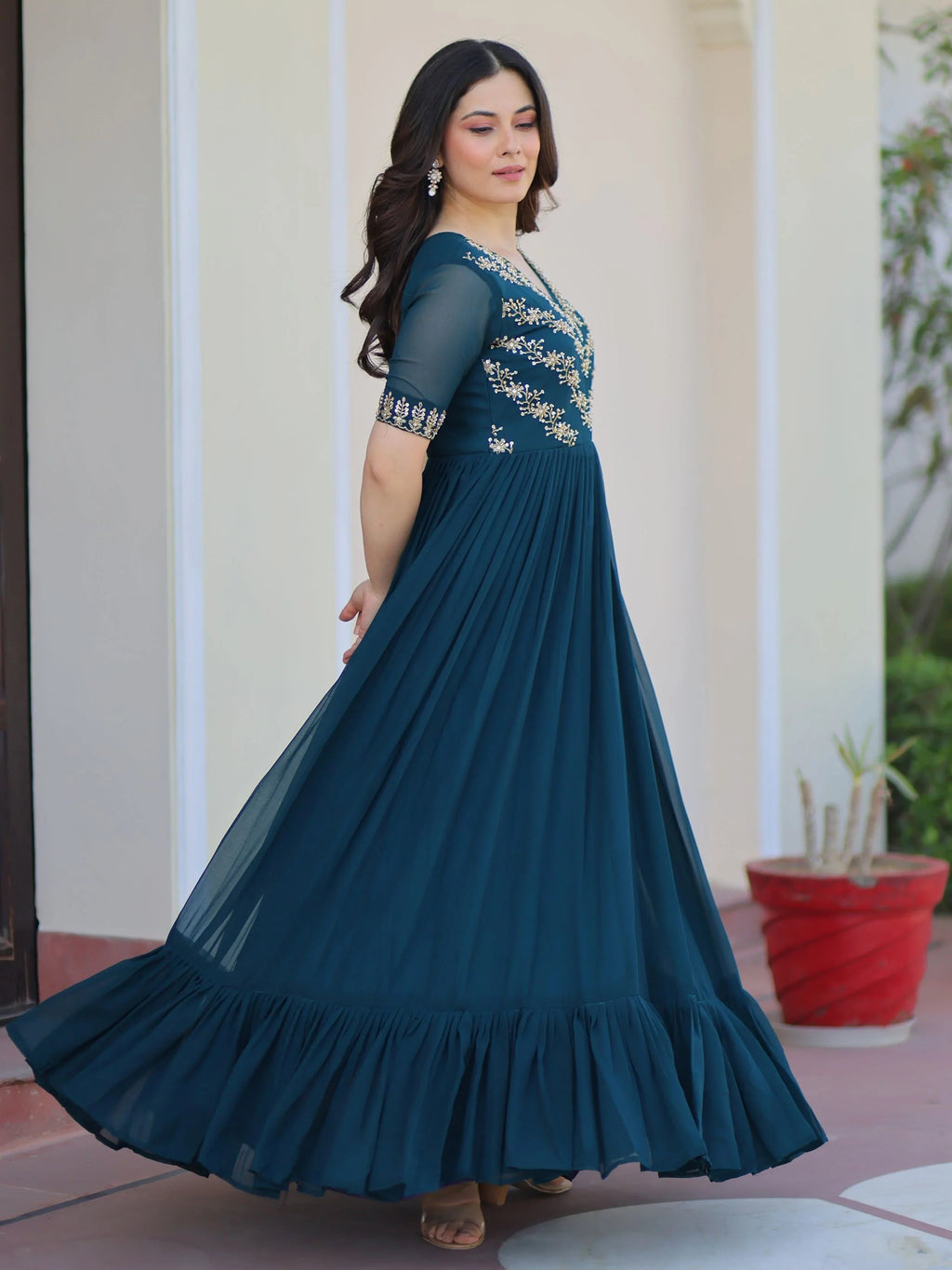 Rama Blue Sequins Multithread Beads Embroidery Designer Gown