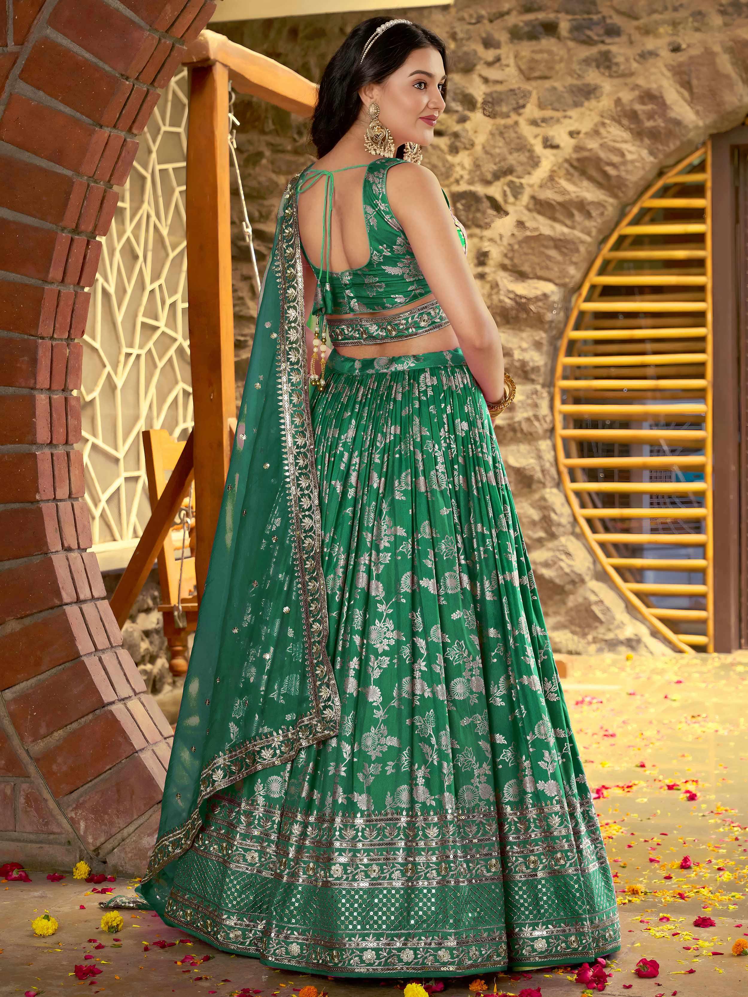 Rama green Dola silk jacquard embroidered lehenga choli with dupatta