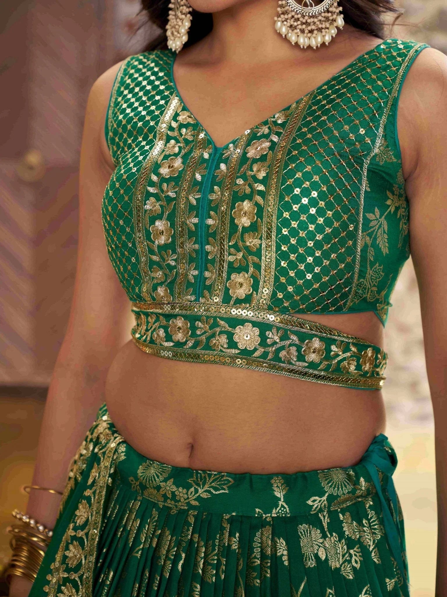Rama green Dola silk jacquard embroidered lehenga choli with dupatta