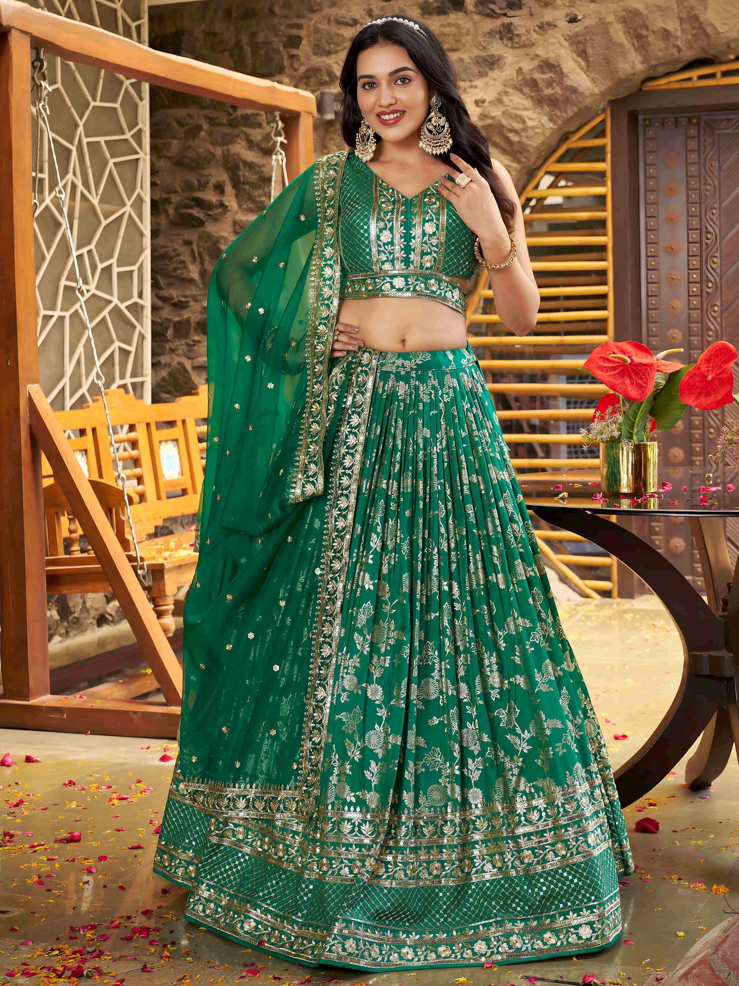 Rama green Dola silk jacquard embroidered lehenga choli with dupatta