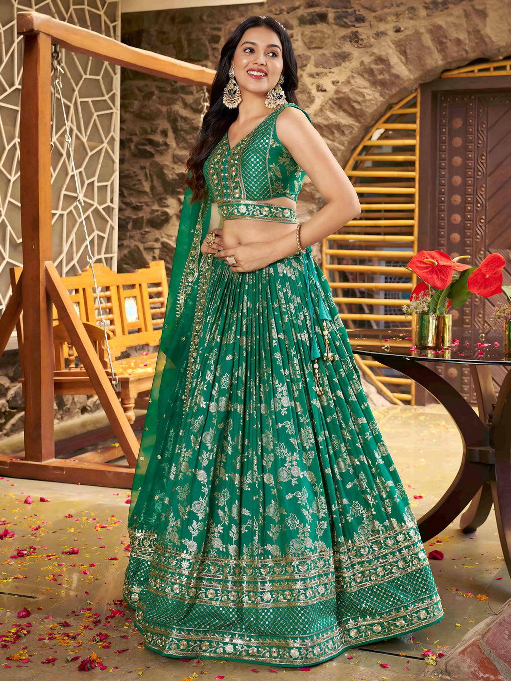 Rama green Dola silk jacquard embroidered lehenga choli with dupatta