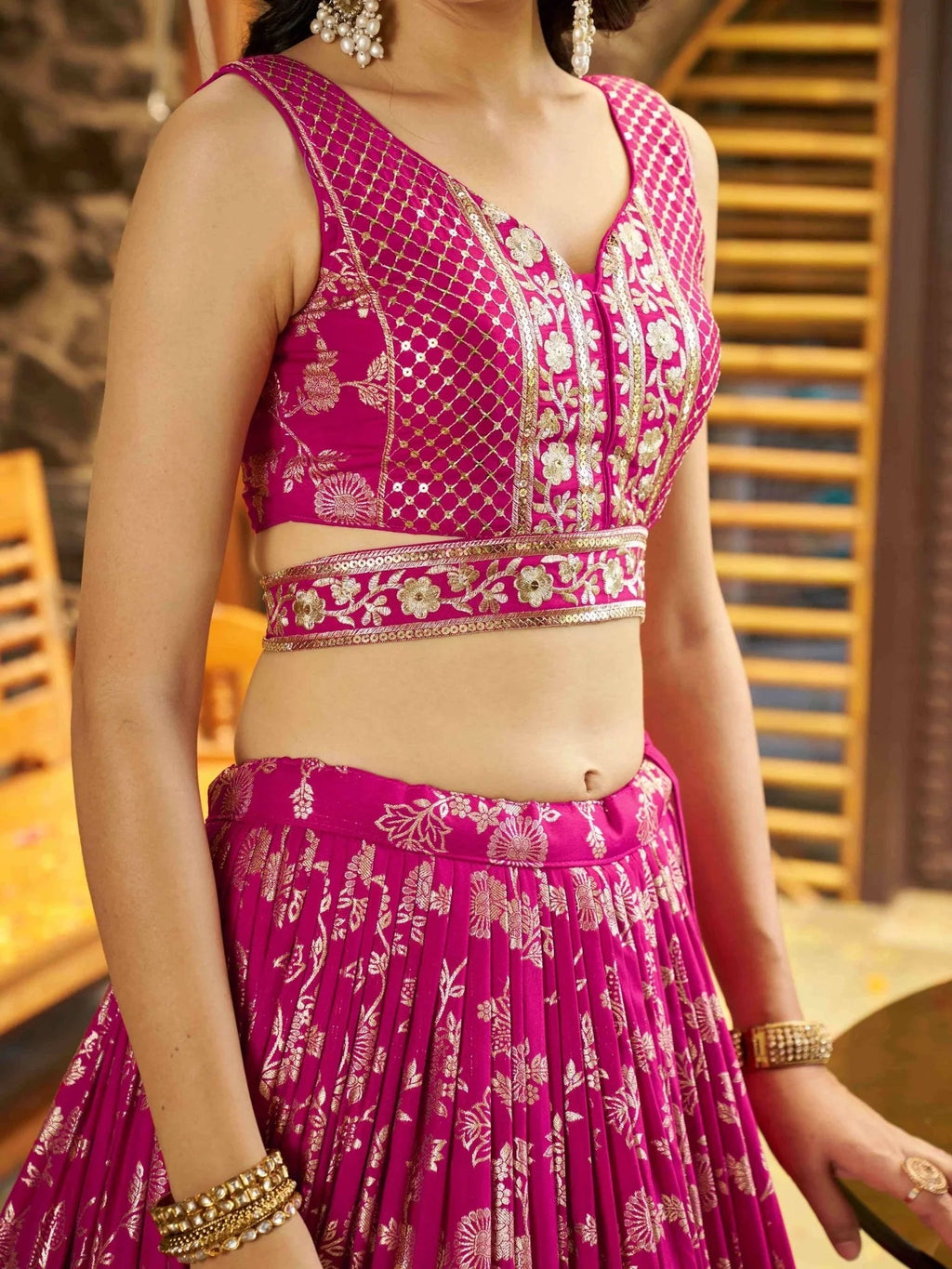 Rani pink Dola silk jacquard embroidered lehenga choli with dupatta