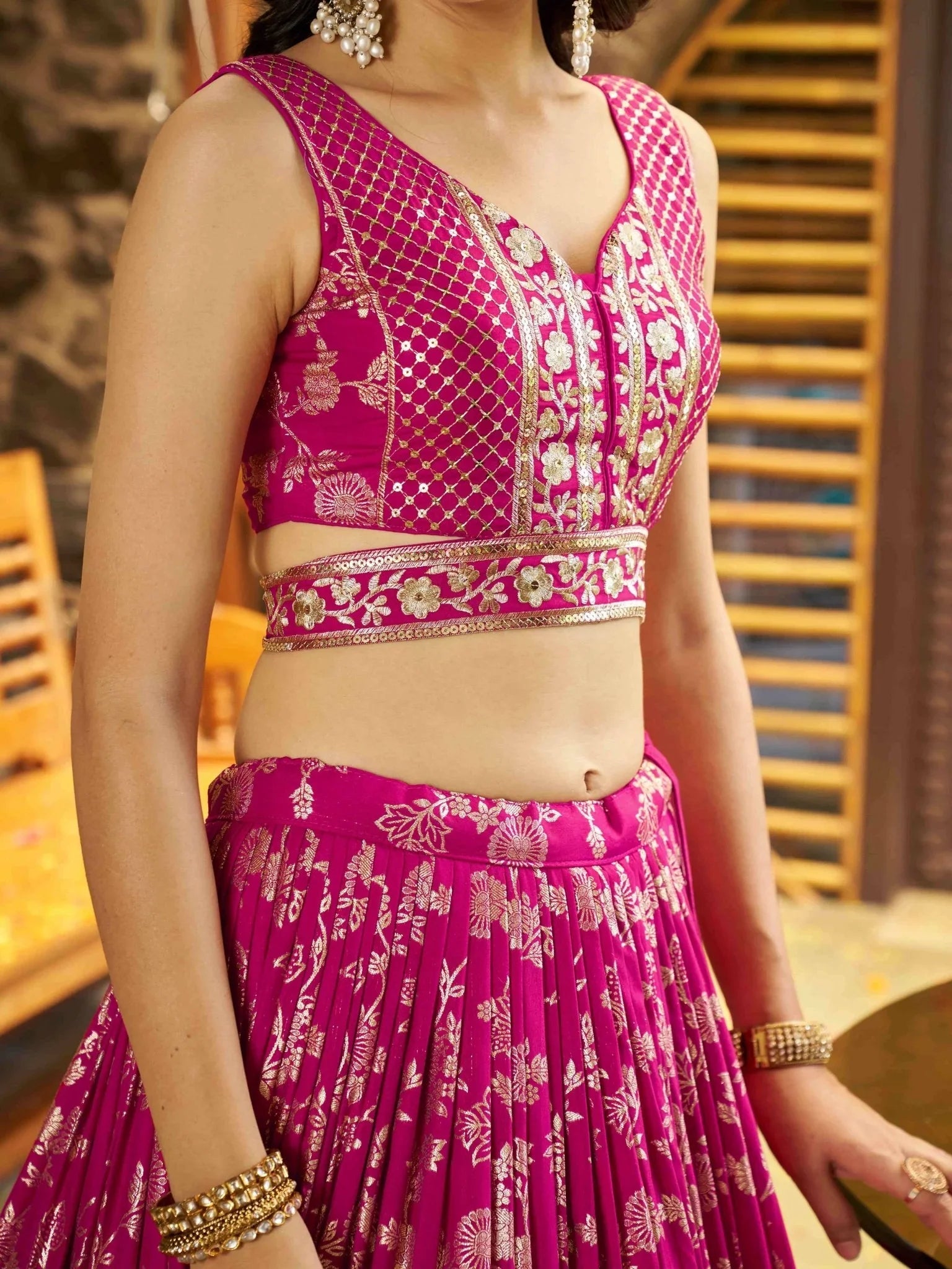 Rani pink Dola silk jacquard embroidered lehenga choli with dupatta