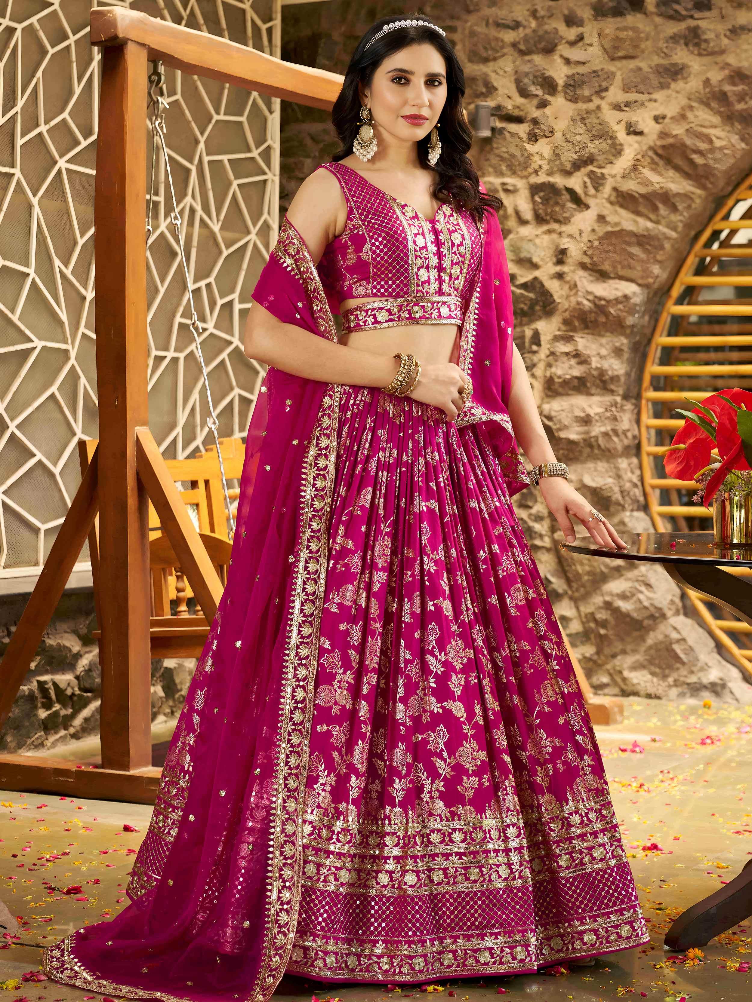 Rani pink Dola silk jacquard embroidered lehenga choli with dupatta
