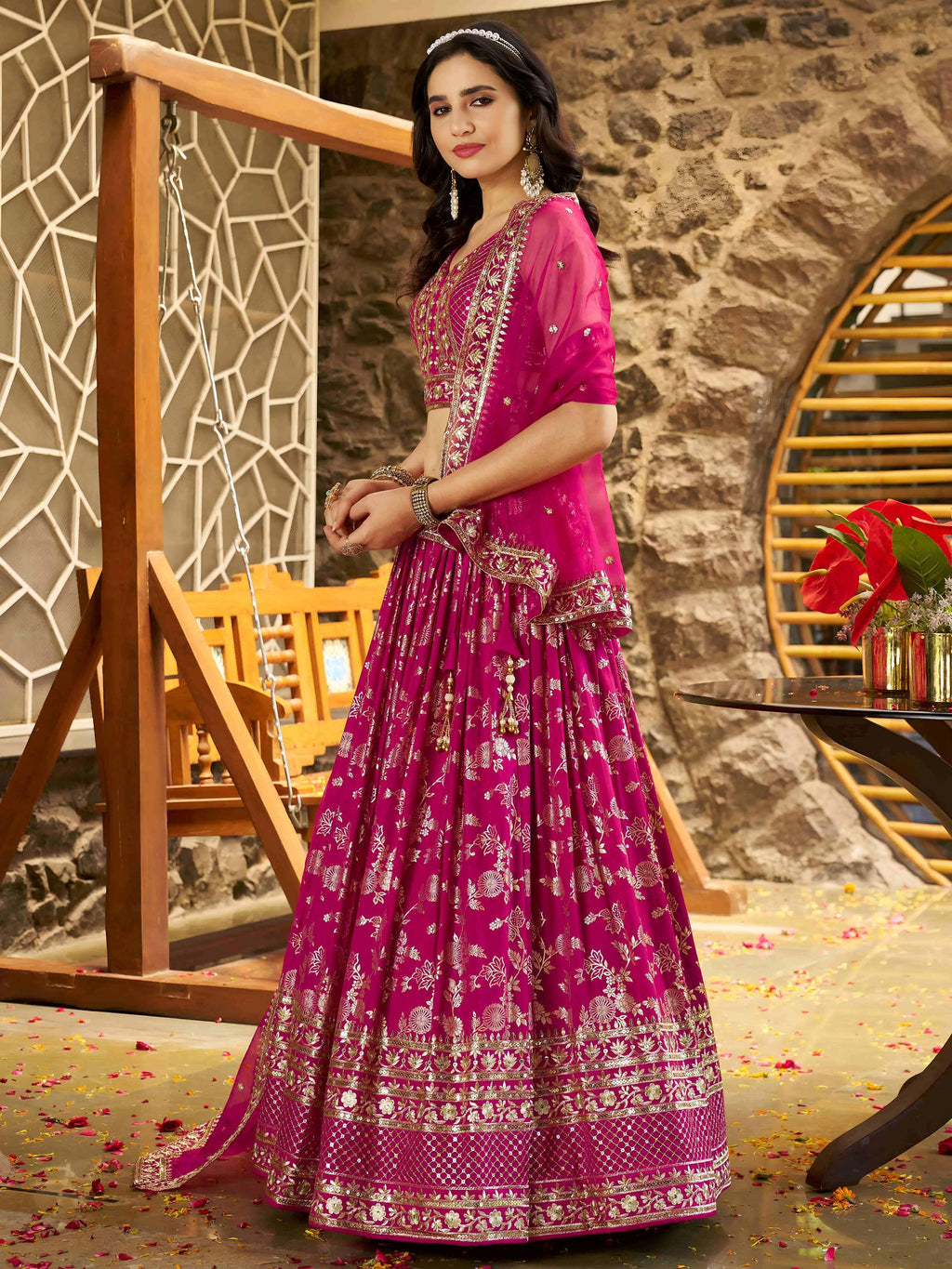 Rani pink Dola silk jacquard embroidered lehenga choli with dupatta