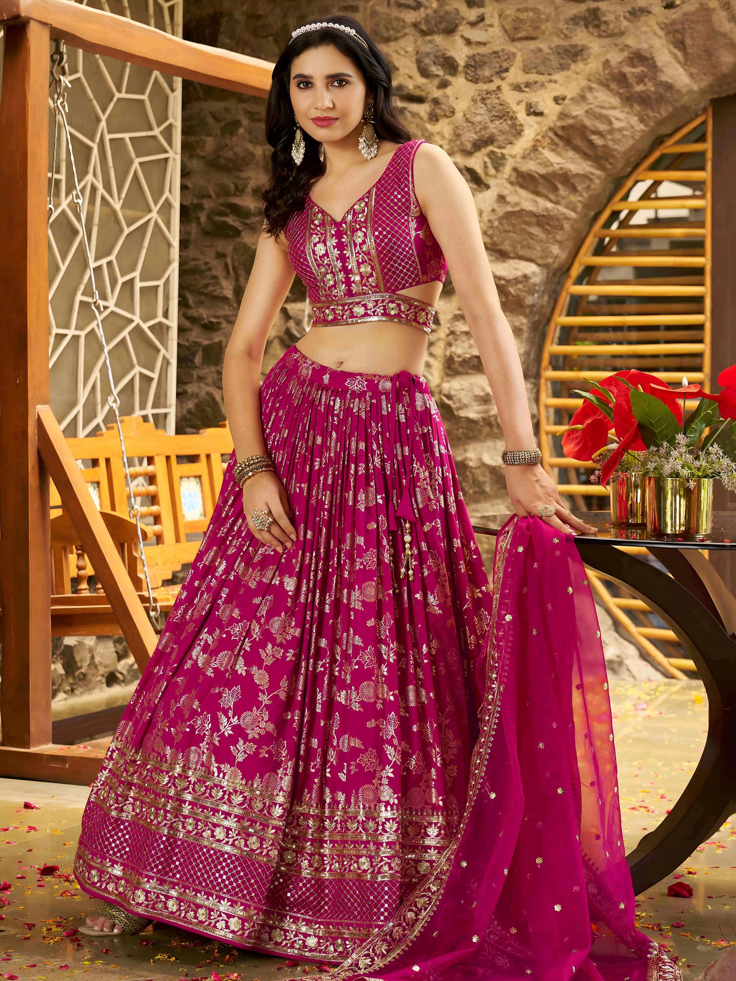 Rani pink Dola silk jacquard embroidered lehenga choli with dupatta