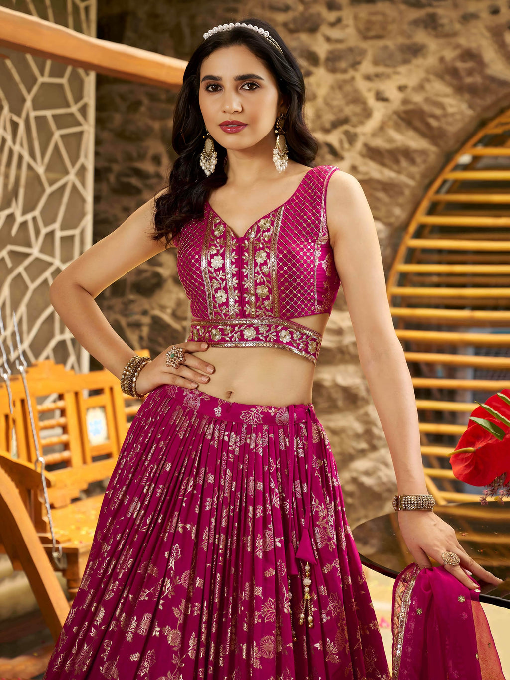 Rani pink Dola silk jacquard embroidered lehenga choli with dupatta