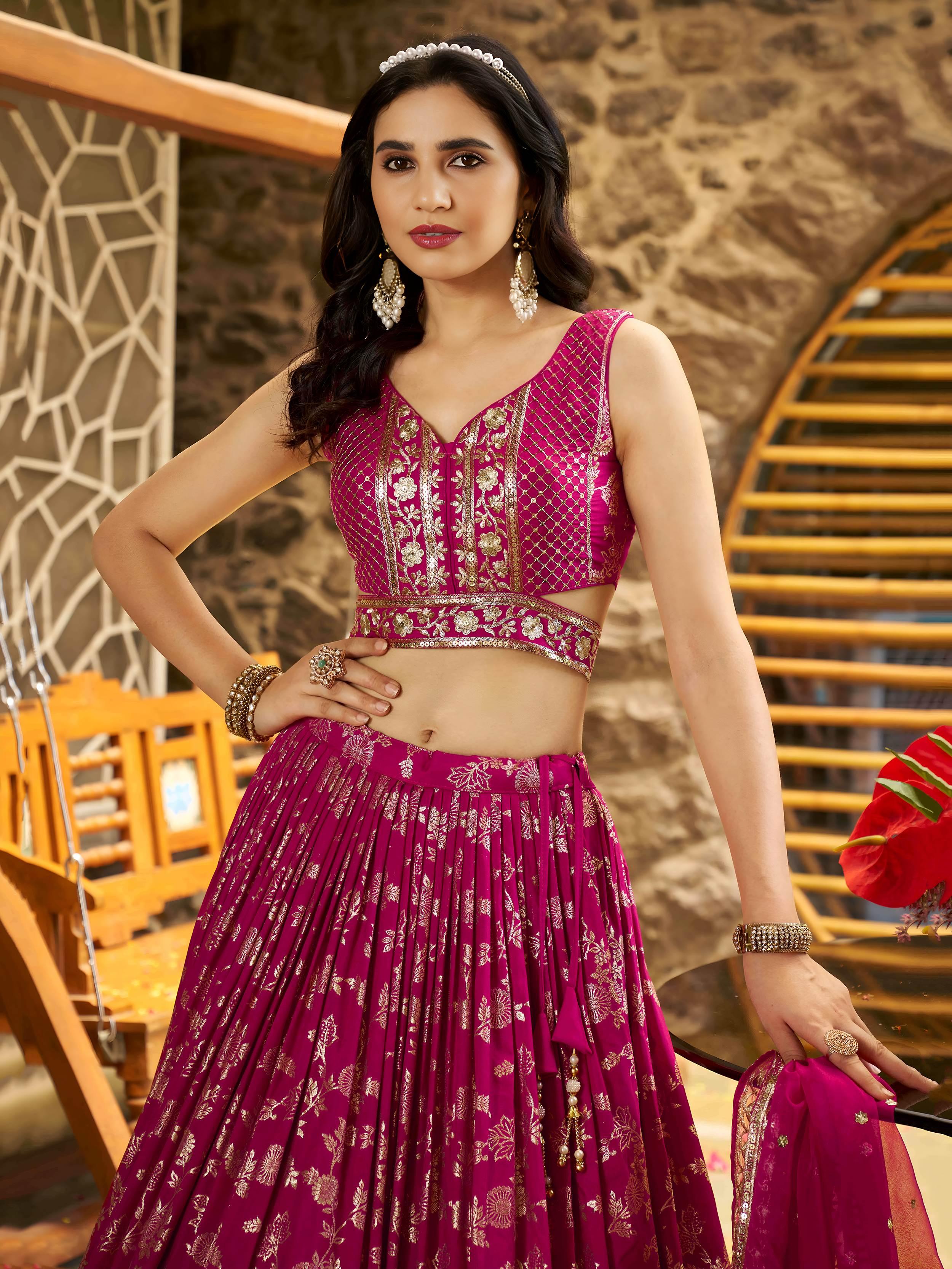 Rani pink Dola silk jacquard embroidered lehenga choli with dupatta