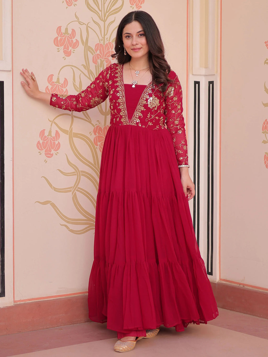 Rani Pink Faux Blooming Embroidered Sequins Zari Work Gown