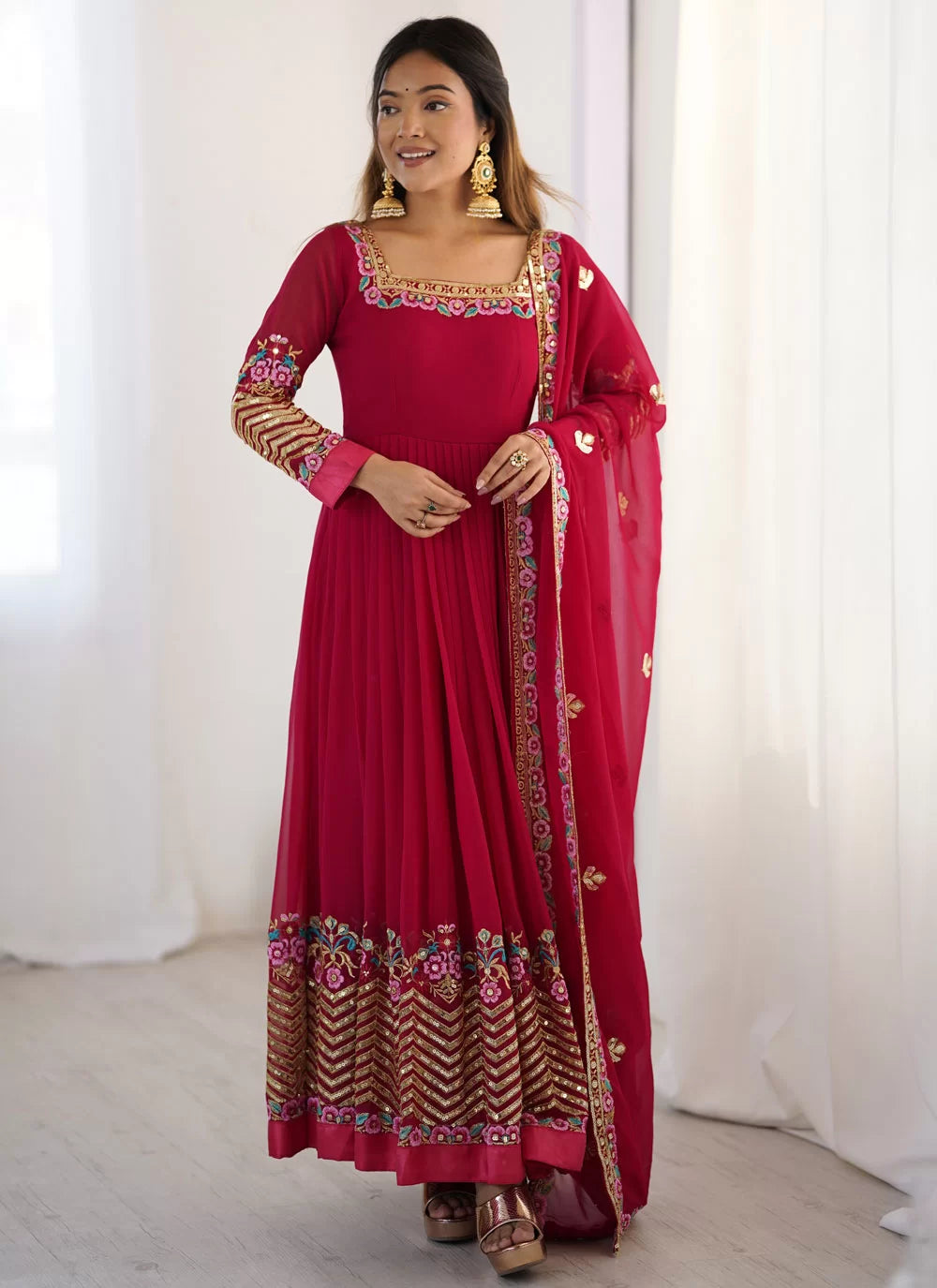 Rani Pink Georgette Embroidered Anarkali Suit with Dupatta and Bottom