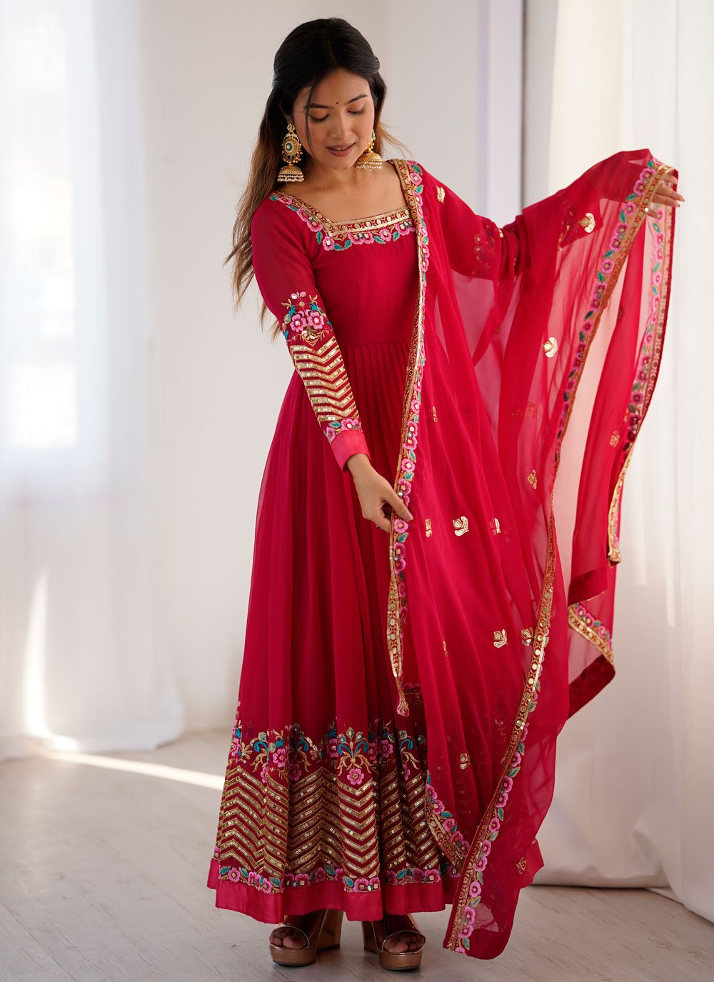 Rani Pink Georgette Embroidered Anarkali Suit with Dupatta and Bottom