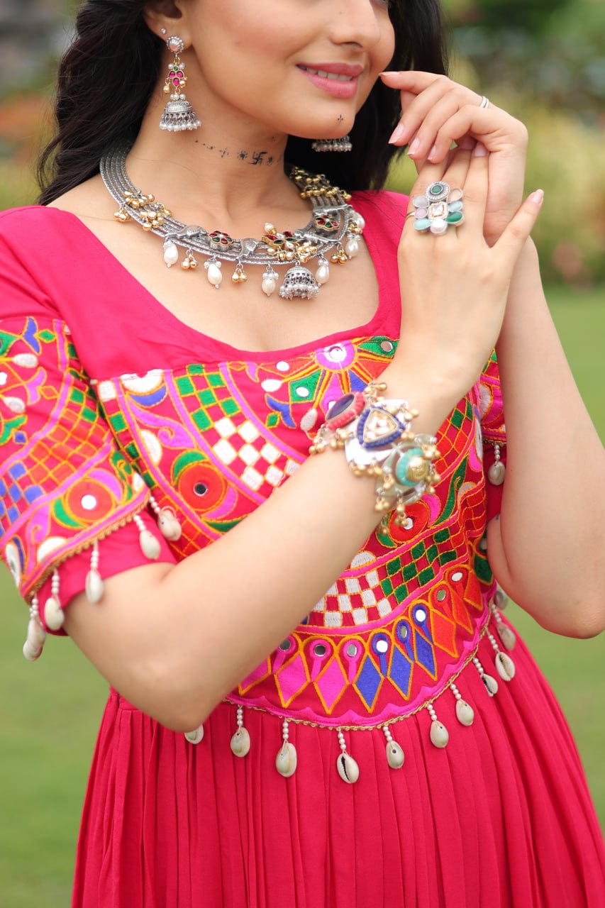 Rani Pink Pure Rayon Flair Kutchi Gamthi Embroidered Navratri Gown