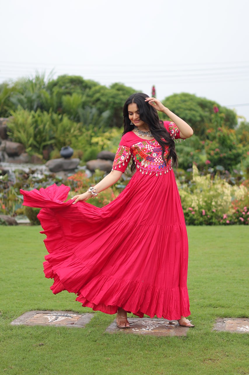 Rani Pink Pure Rayon Flair Kutchi Gamthi Embroidered Navratri Gown