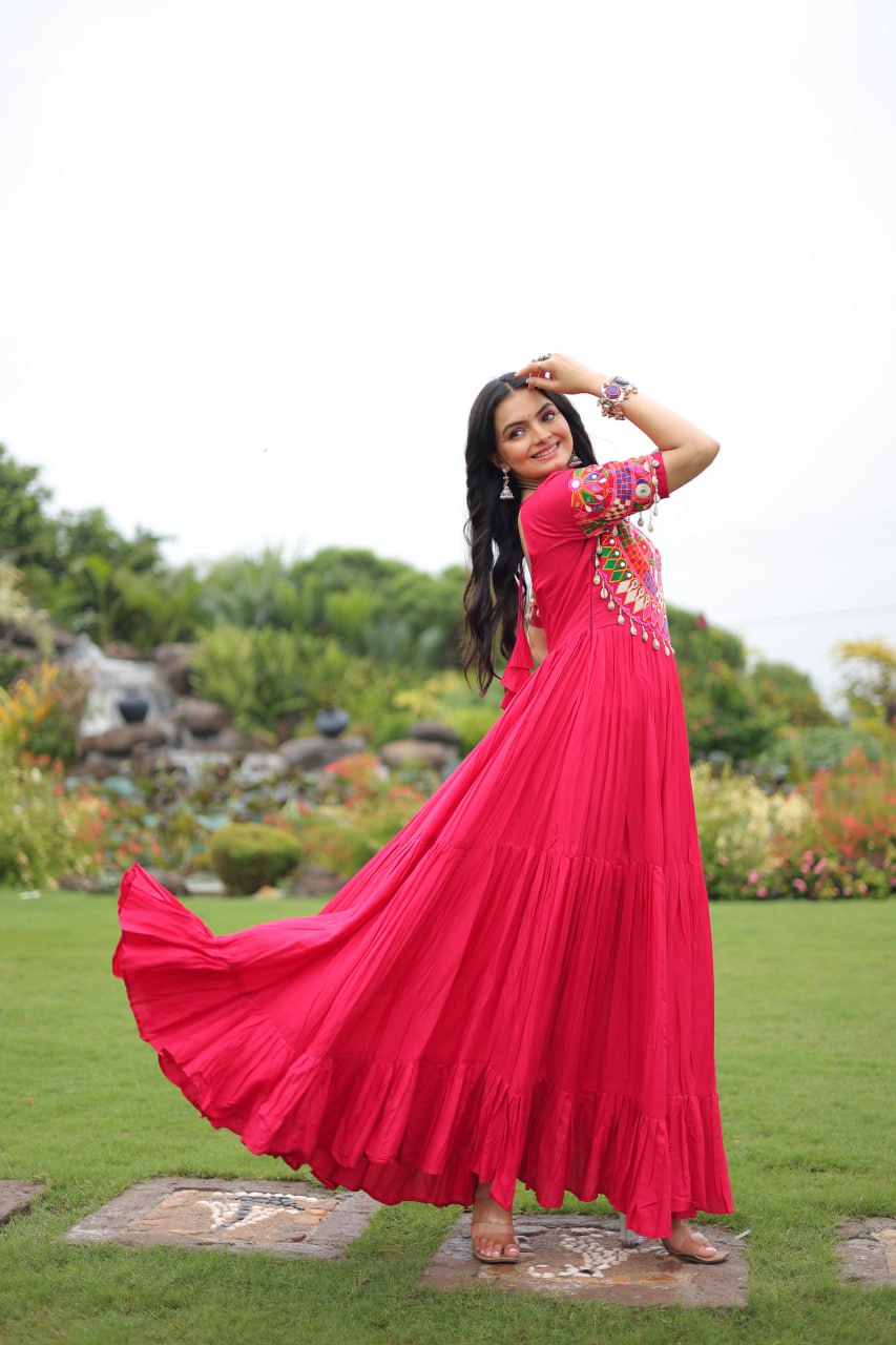 Rani Pink Pure Rayon Flair Kutchi Gamthi Embroidered Navratri Gown