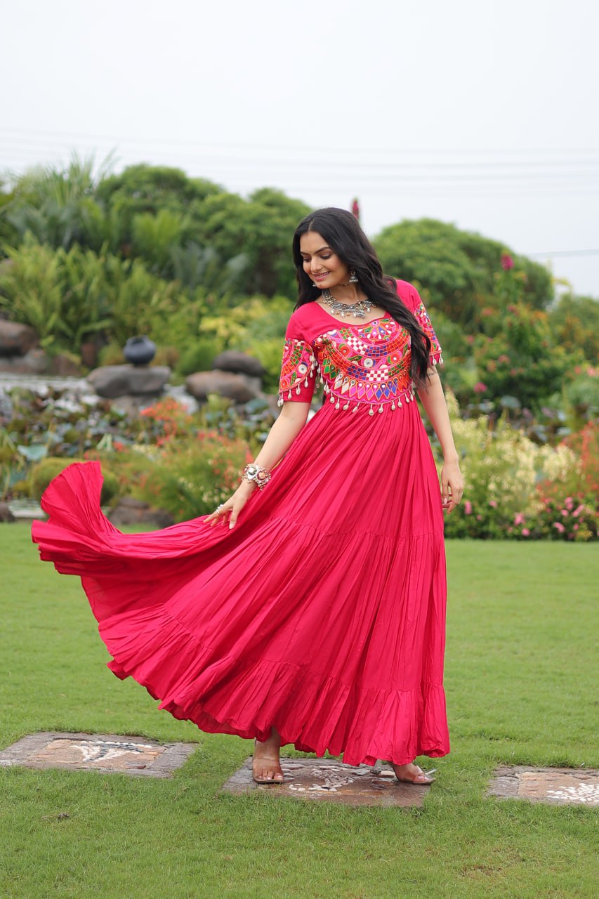 Rani Pink Pure Rayon Flair Kutchi Gamthi Embroidered Navratri Gown