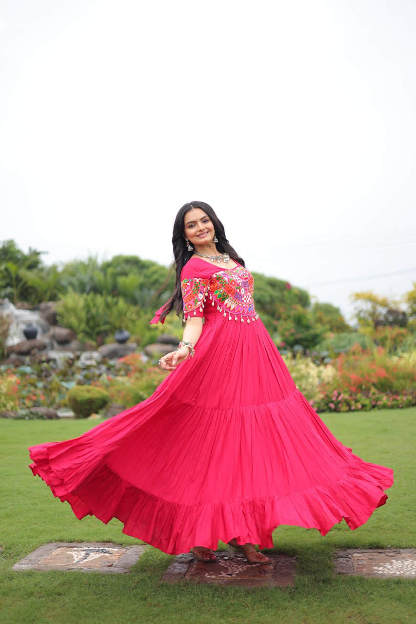 Rani Pink Pure Rayon Flair Kutchi Gamthi Embroidered Navratri Gown