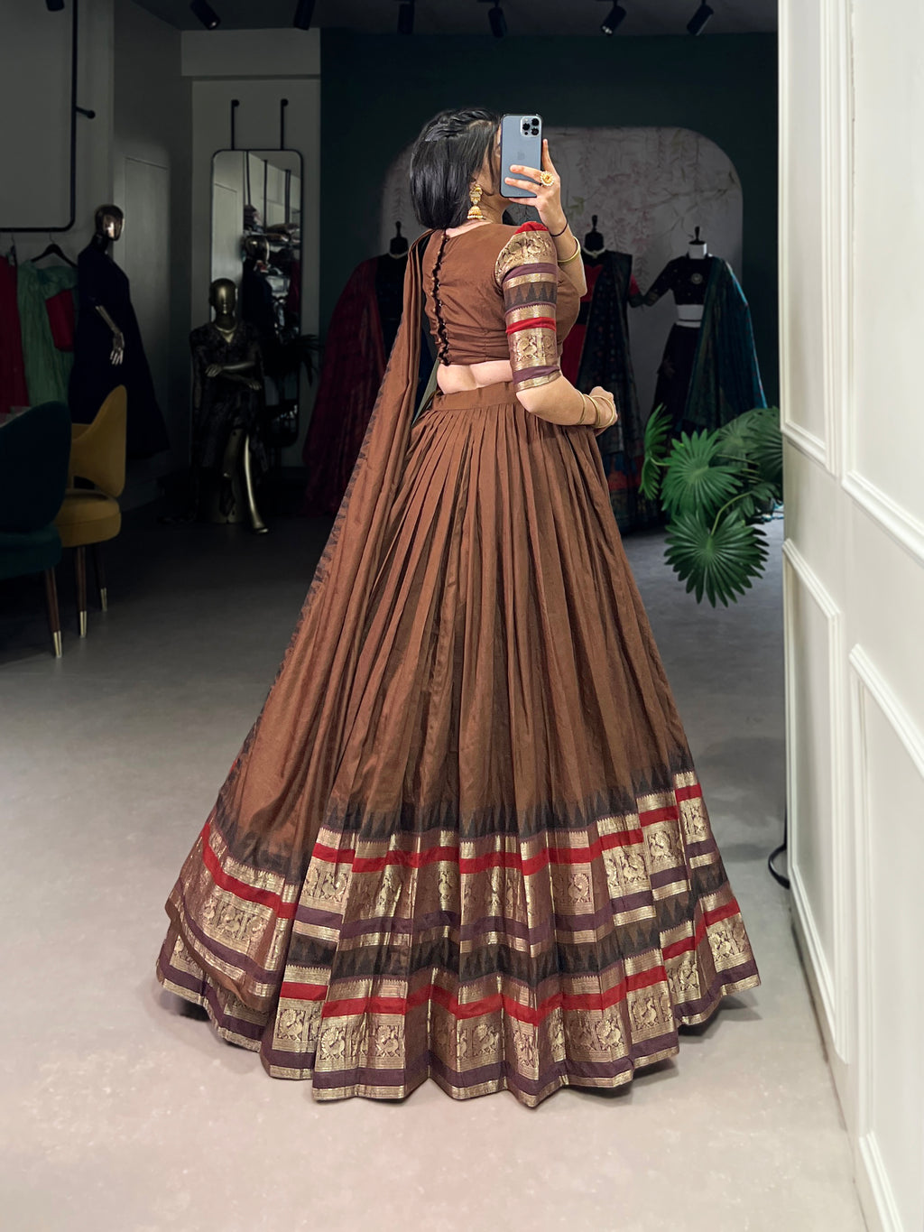 Rava brown pure Chanderi half saree lehenga with zari weaving work