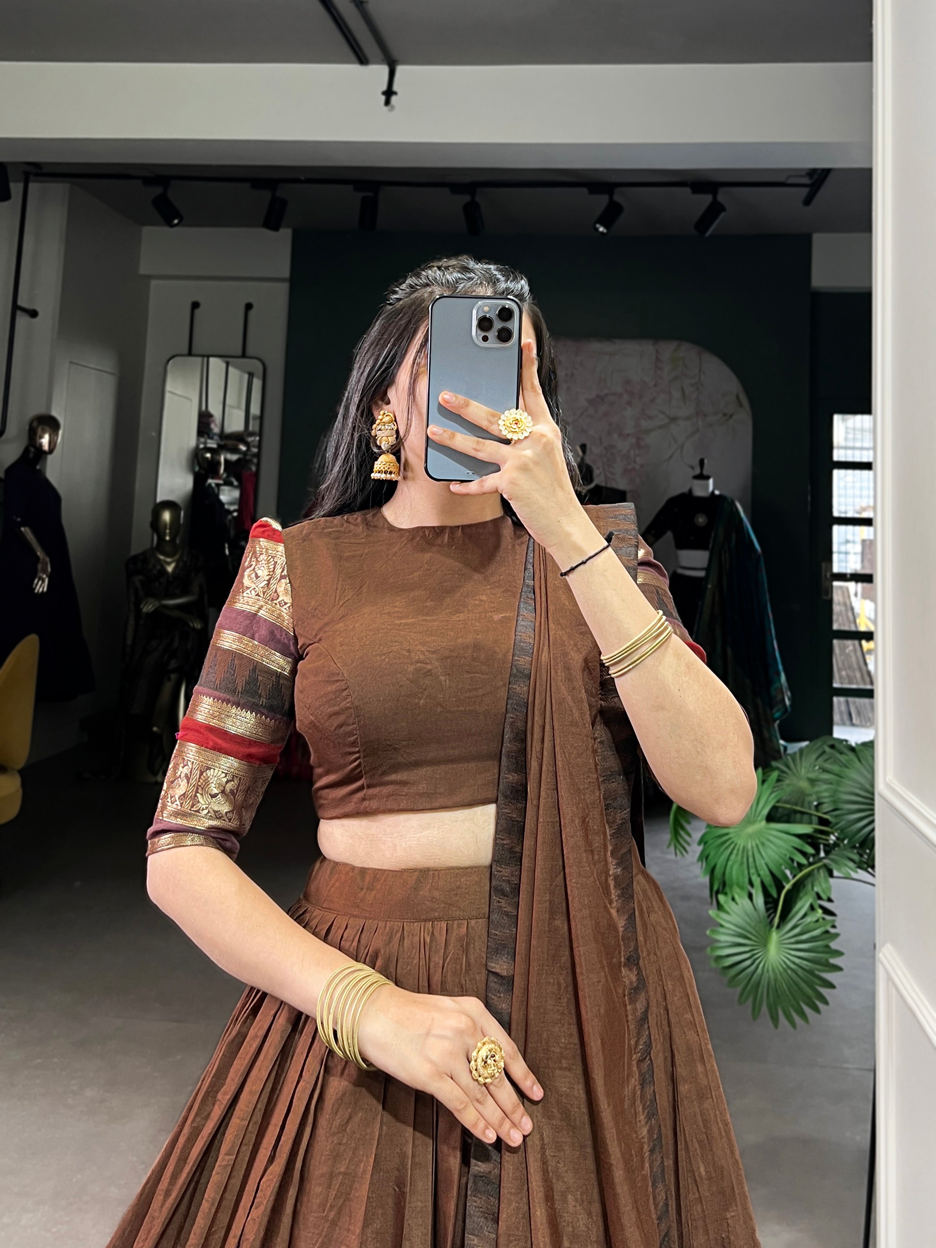 Rava Brown Pure Chanderi Zari Weaving Half Saree Lehenga