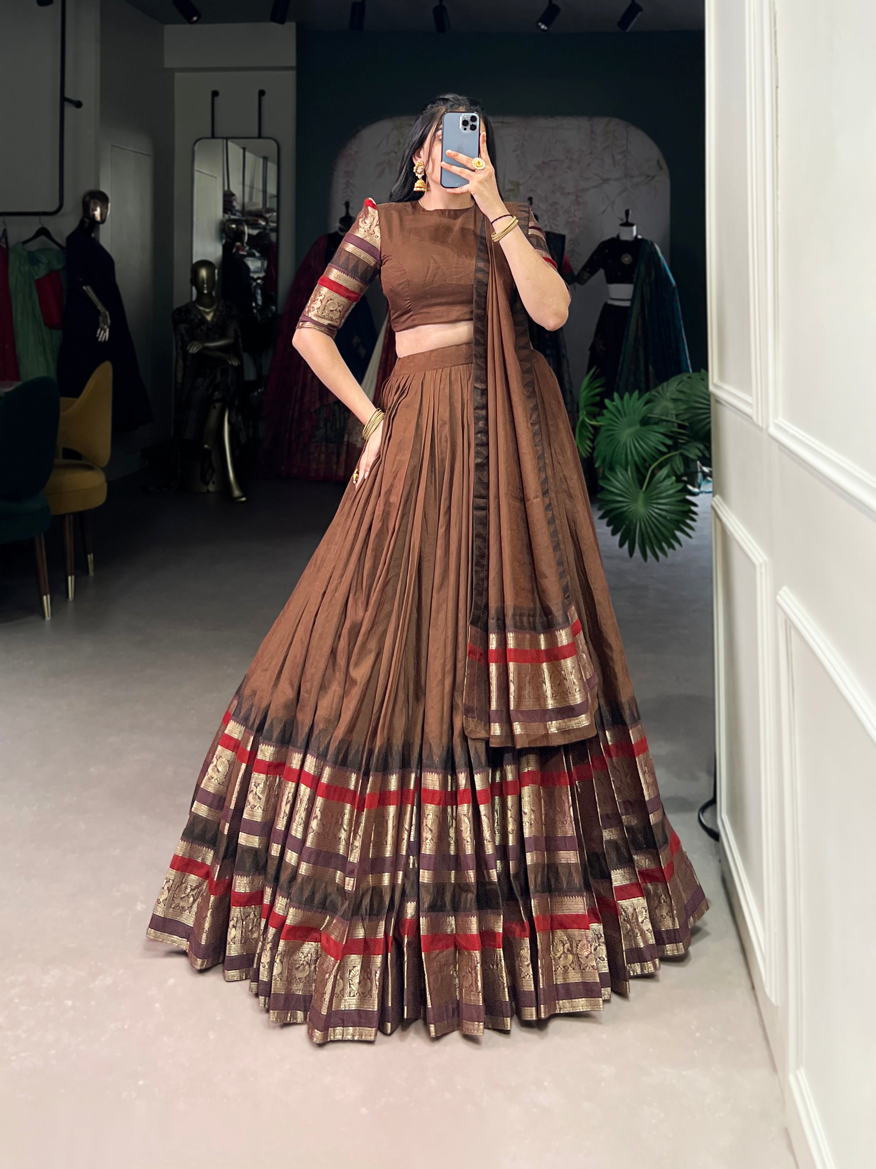 Rava Brown Pure Chanderi Zari Weaving Half Saree Lehenga