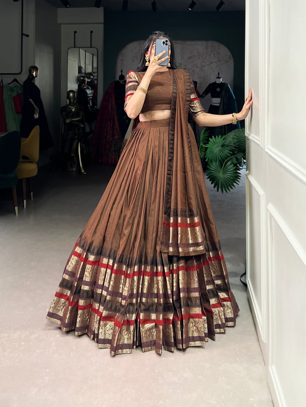 Rava brown pure Chanderi half saree lehenga with zari weaving work