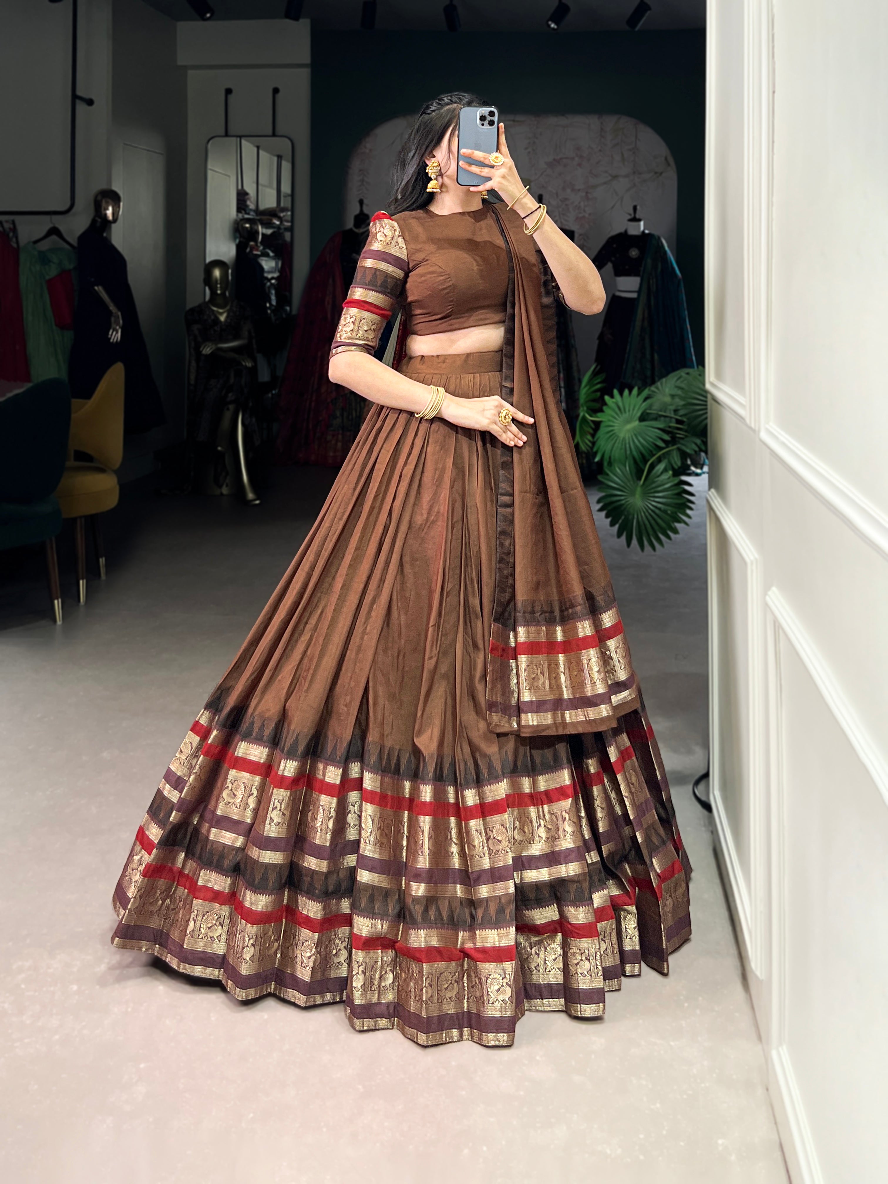 Rava brown pure Chanderi half saree lehenga with zari weaving work