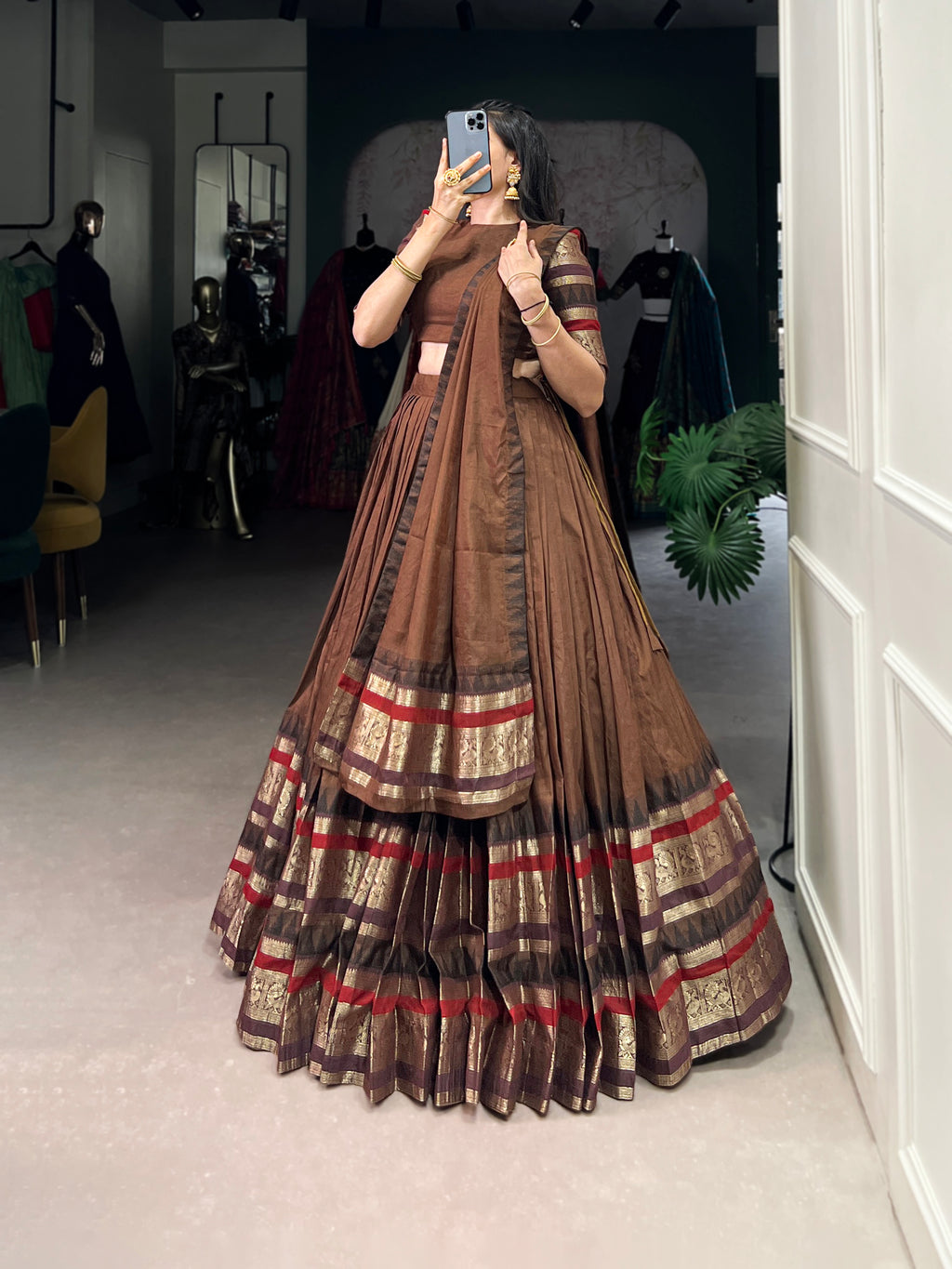 Rava brown pure Chanderi half saree lehenga with zari weaving work