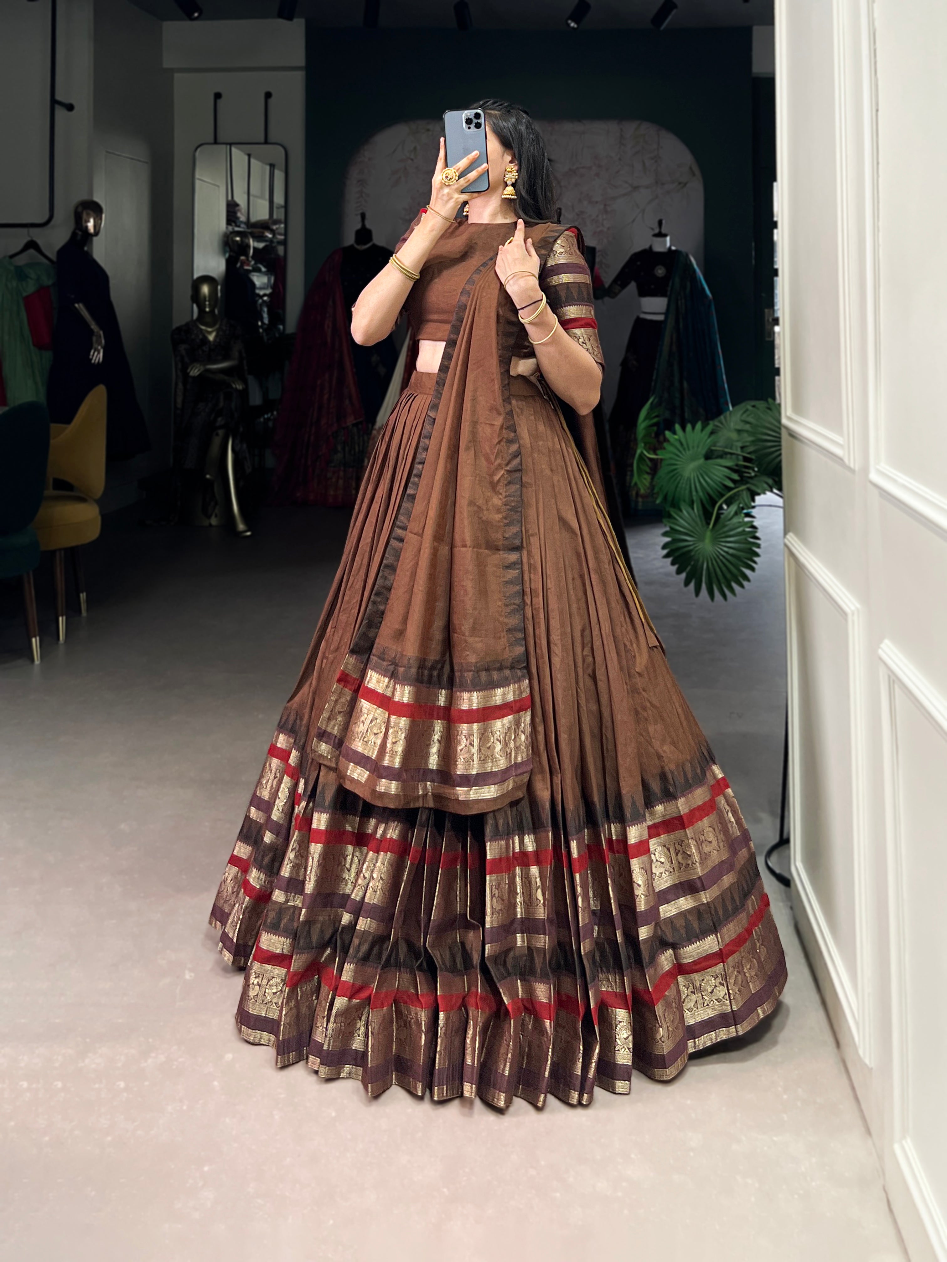 Rava brown pure Chanderi half saree lehenga with zari weaving work