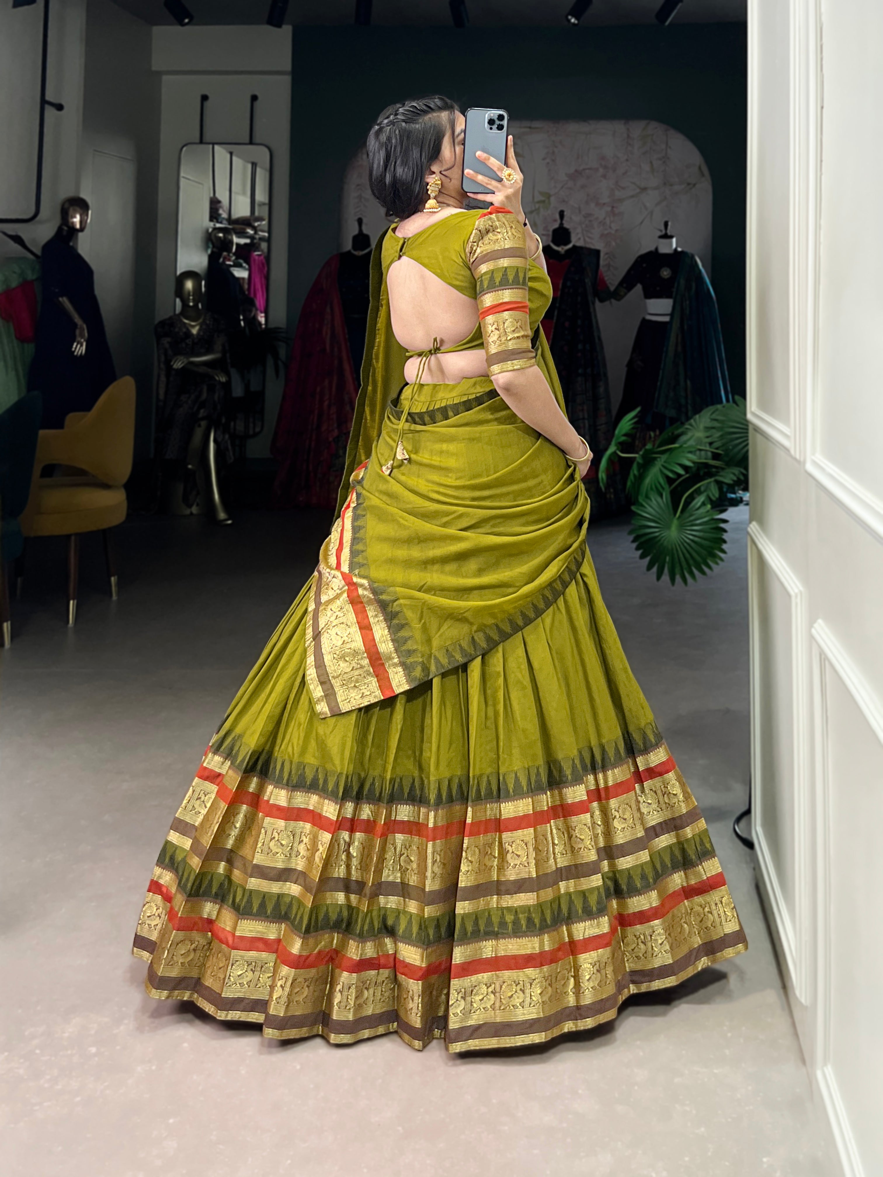 Rava Olive Green Pure Chanderi Zari Weaving Half Saree Lehenga